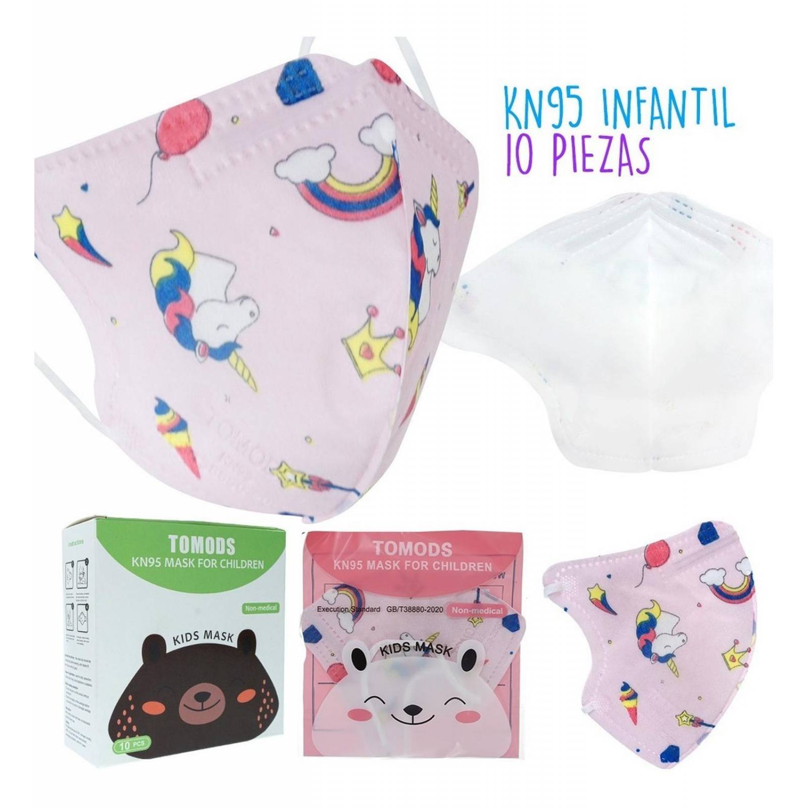 10 Cubrebocas kn95 Infantil Certificado, con 4 capas de protección, Edad sugerida 4 a 10 años. Mascarilla fabricada en  polipropileno, algodon y elástico, desechable.