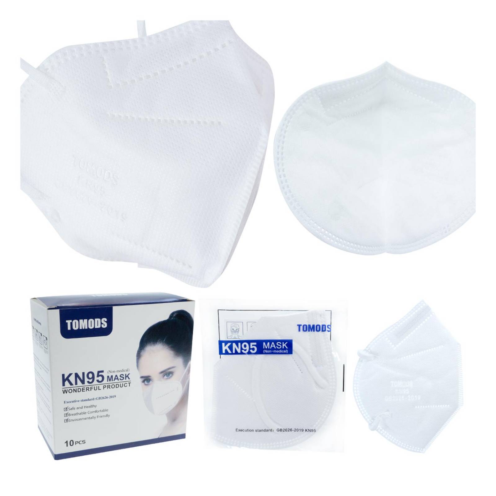 Cubrebocas Kn95 Tomods Mascarillas Certificados Caja 10 Pzs Blanco.