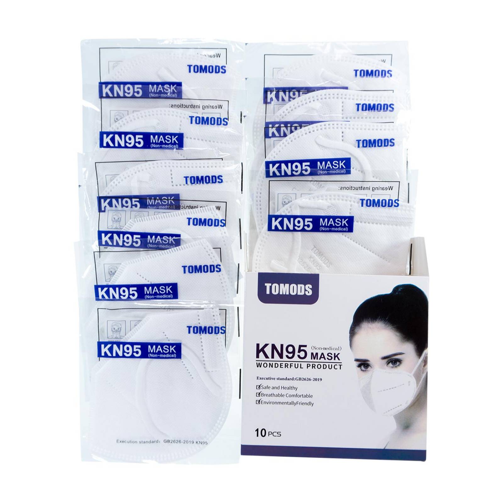 Cubrebocas Kn95 Tomods Mascarillas Certificados Caja 10 Pzs Blanco.