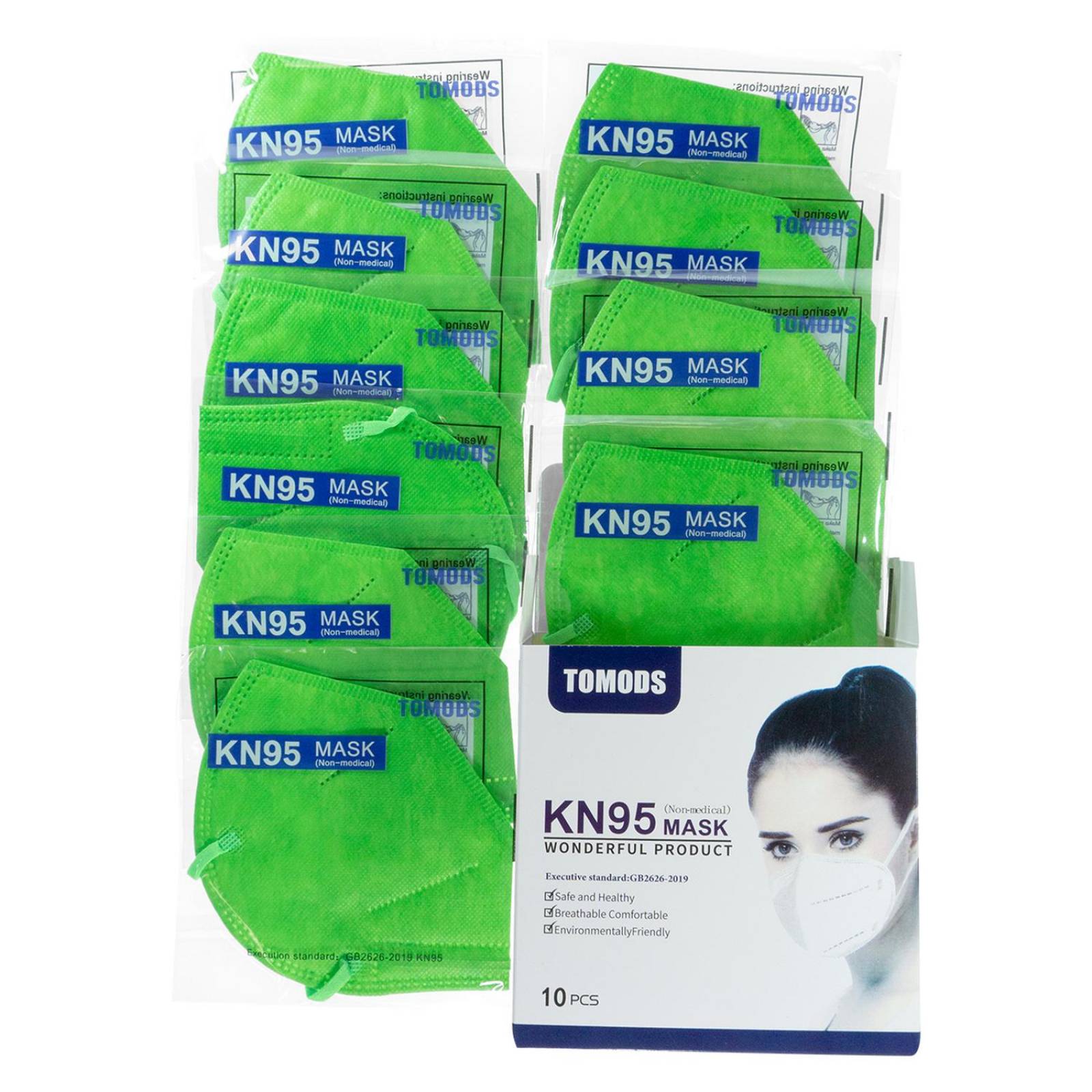 Cubrebocas Kn95 Tomods Mascarillas Certificados Caja 10 Pzs Verde lima Verde Lima.