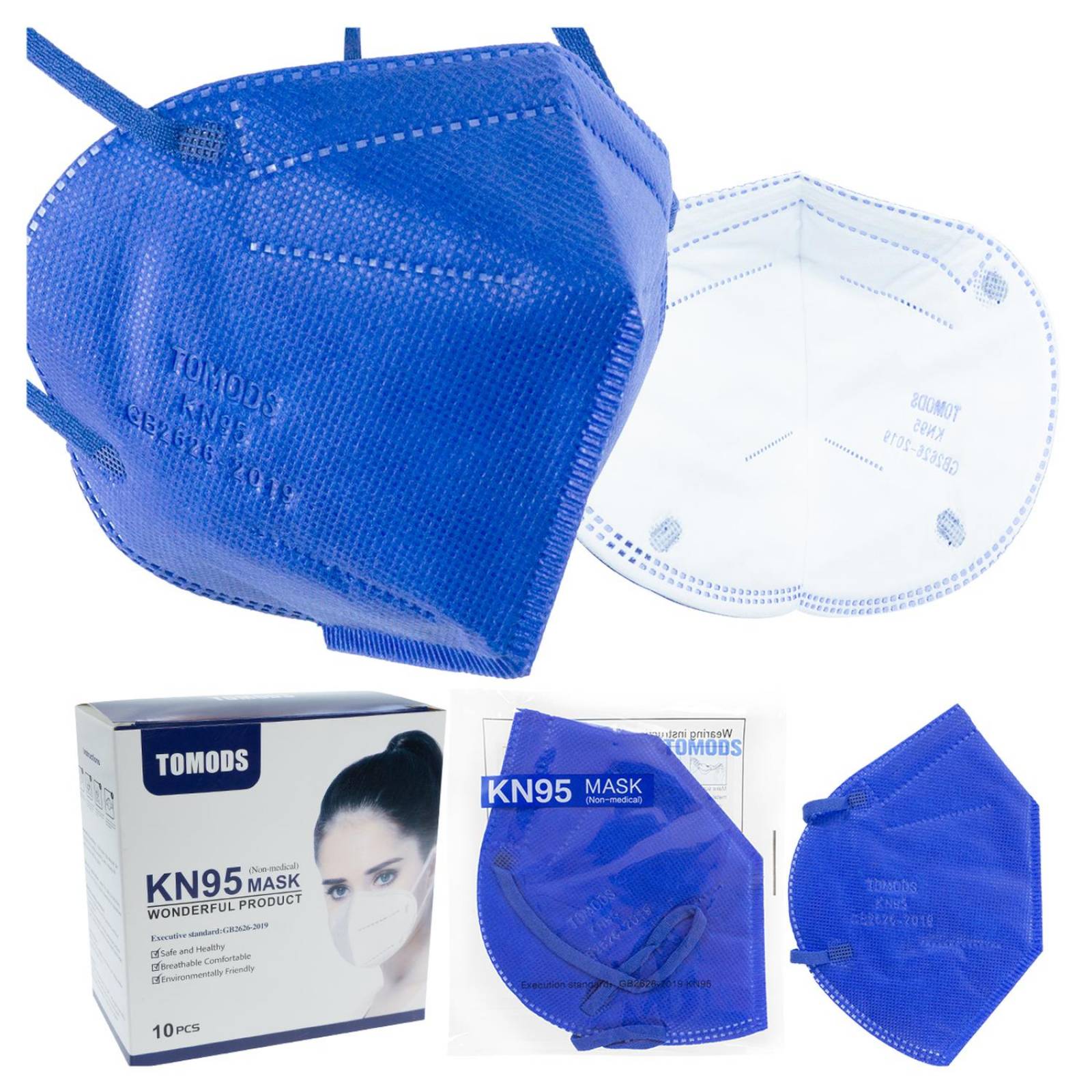 Cubrebocas Kn95 Tomods Mascarillas Certificados Caja 10 Pzs Azul Rey.