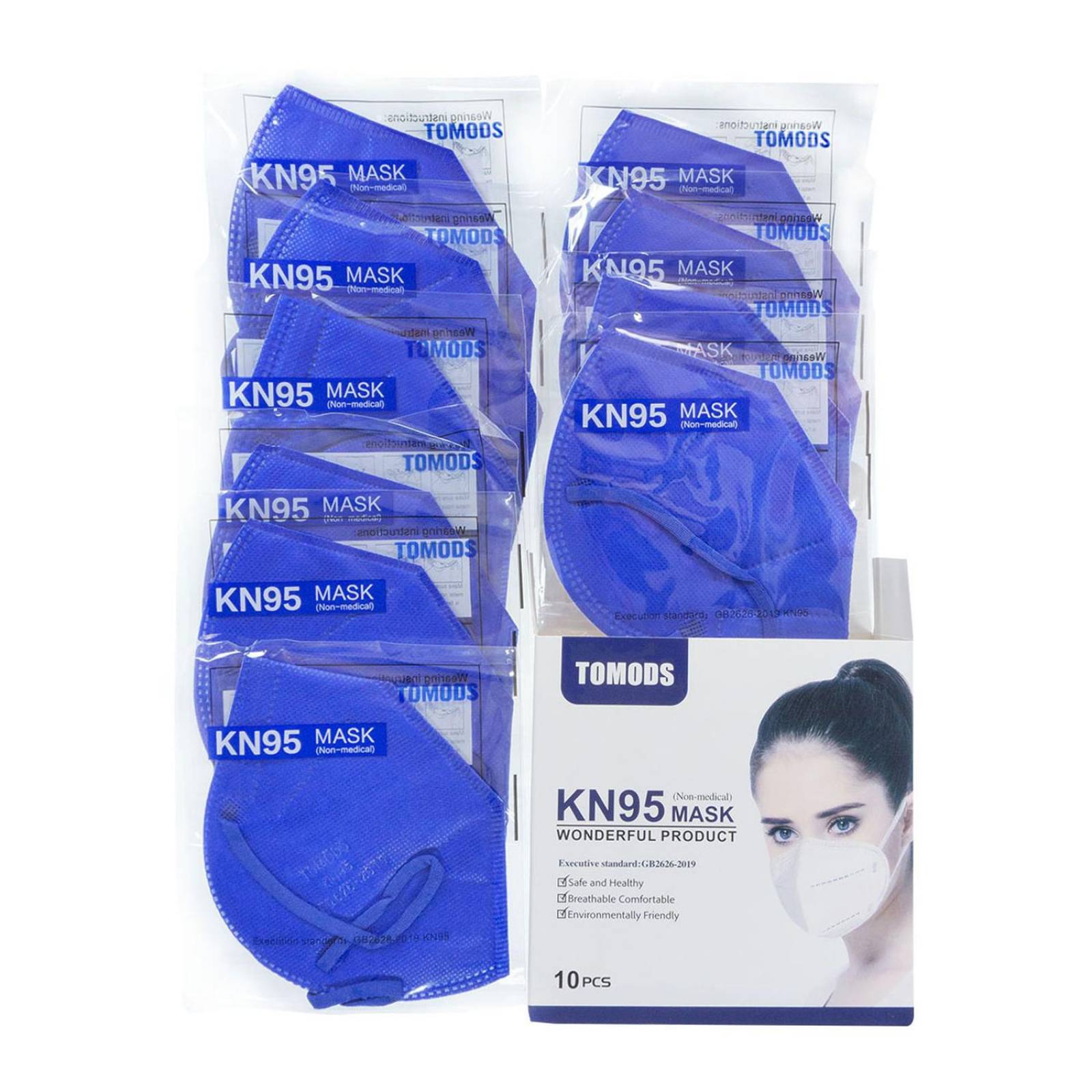 Cubrebocas Kn95 Tomods Mascarillas Certificados Caja 10 Pzs Azul Rey.