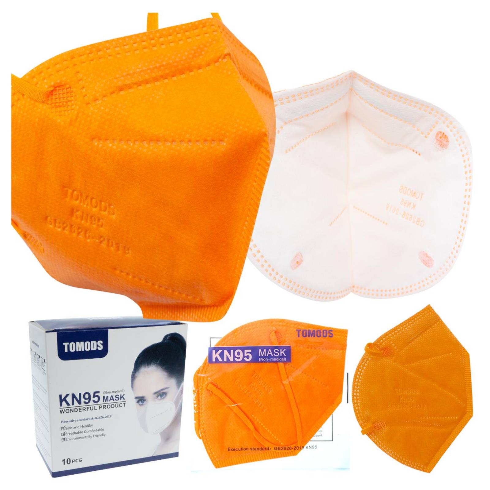 Cubrebocas Kn95 Tomods Mascarillas Certificados Caja 10 Pzs Naranja