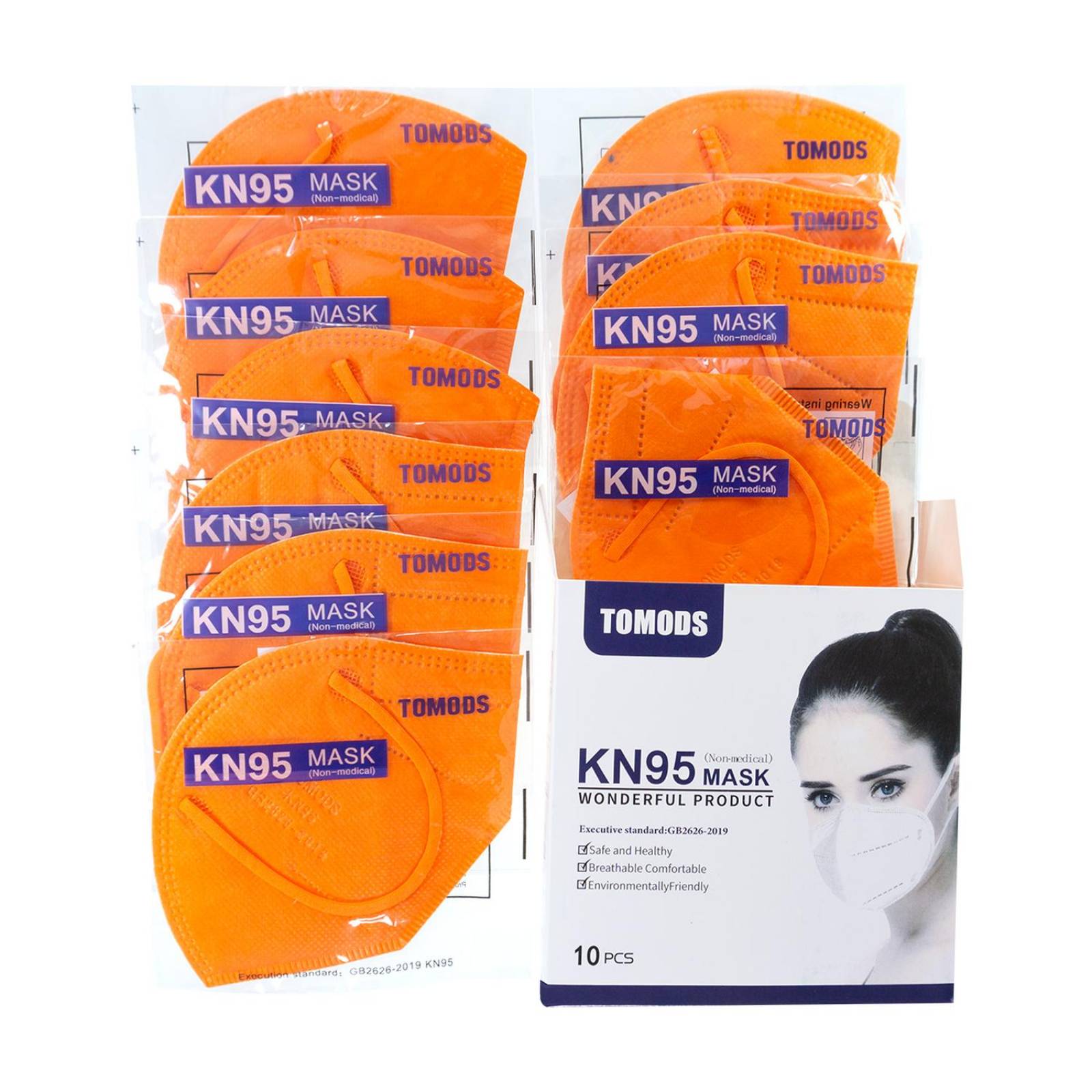 Cubrebocas Kn95 Tomods Mascarillas Certificados Caja 10 Pzs Naranja