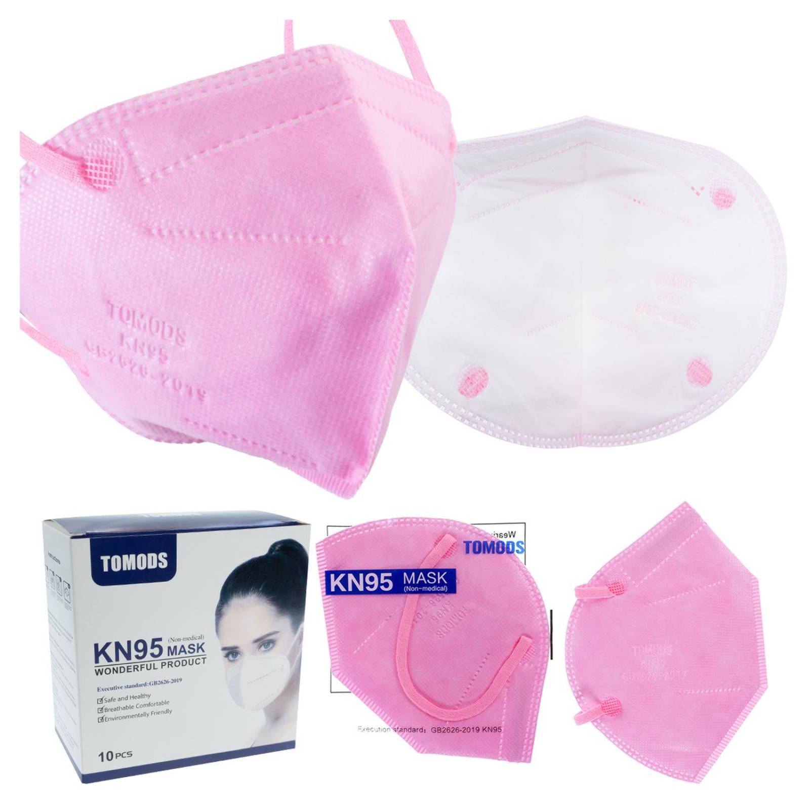 Cubrebocas Kn95 Tomods Mascarillas Certificados Caja 10 Pzs Rosa.