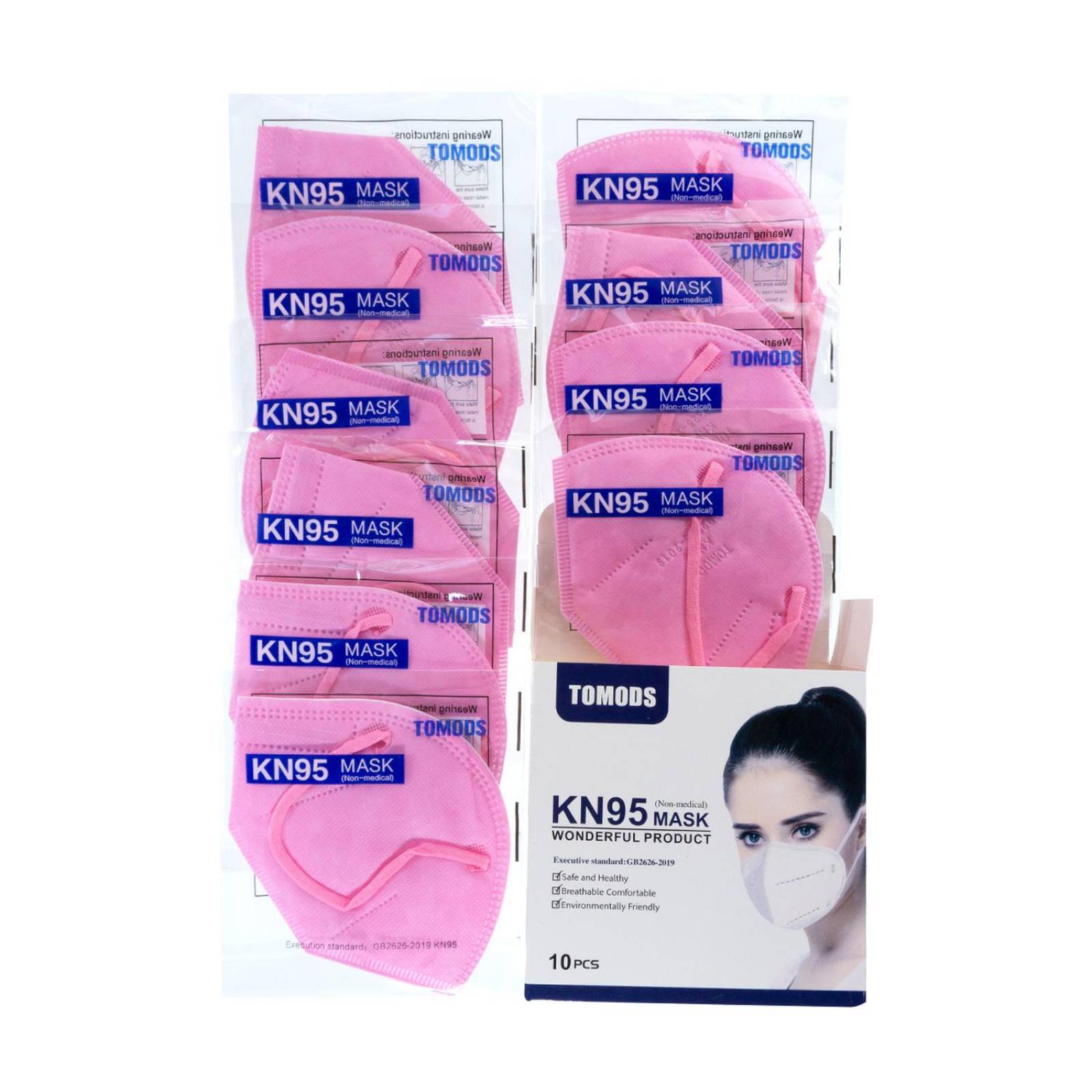 Cubrebocas Kn95 Tomods Mascarillas Certificados Caja 10 Pzs Rosa.