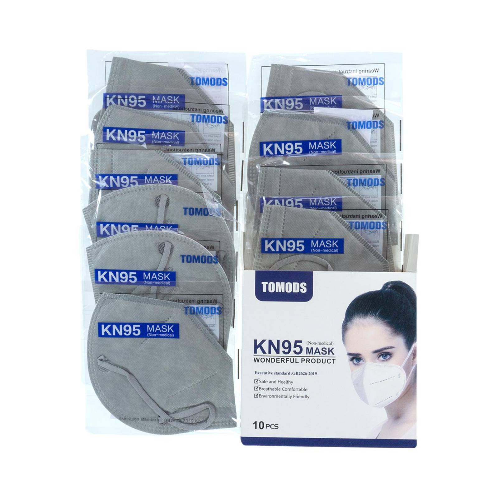 Cubrebocas Kn95 Tomods Mascarillas Certificados Caja 10 Pzs Gris Claro.