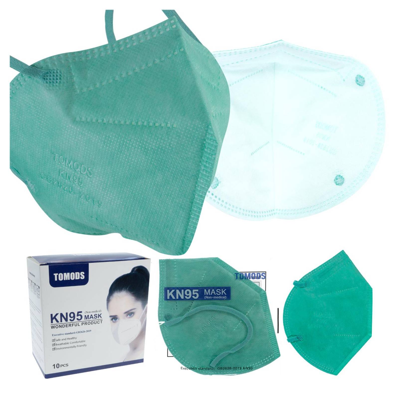 Cubrebocas Kn95 Tomods Mascarillas Certificados Caja 10 Pzs Verde Agua.