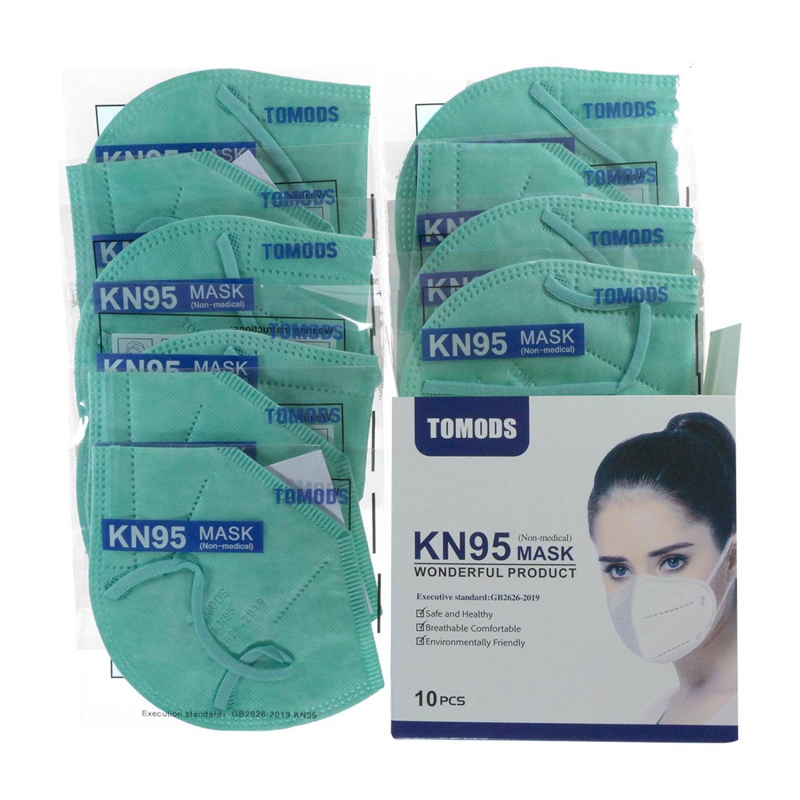 Cubrebocas Kn95 Tomods Mascarillas Certificados Caja 10 Pzs Verde Agua.