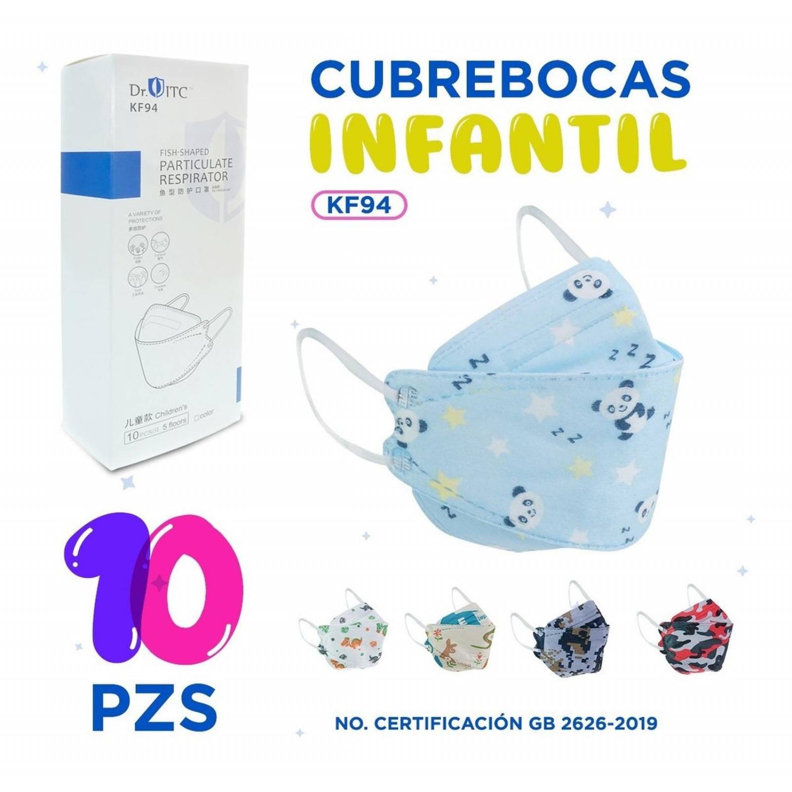 Cubrebocas Kf94 Infantil Mascarillas De Niño 10 Pzs Azul Pandita.