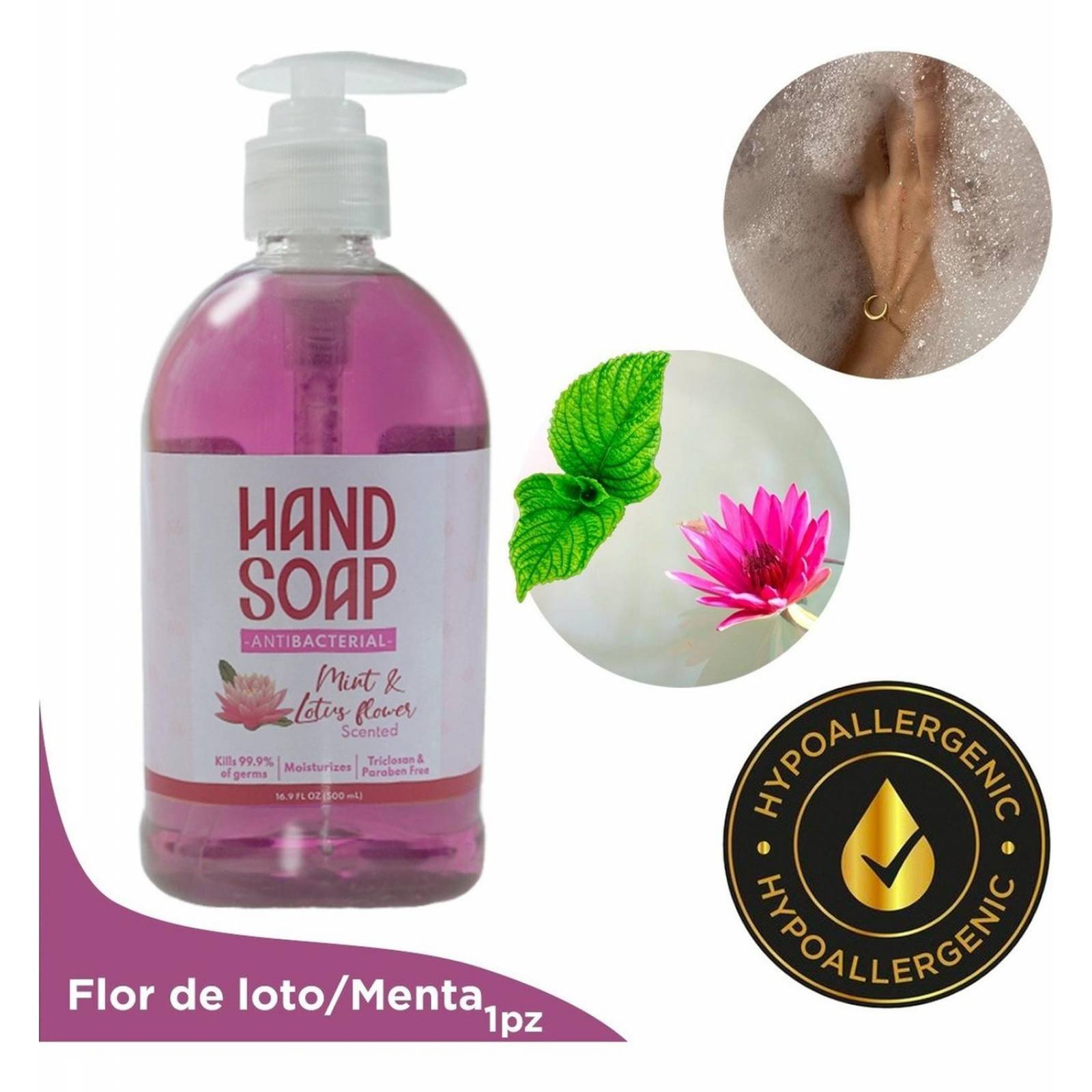 Jabón Líquido Para Manos Antibacterial Hipoalergénico 500mil Flor de loto y menta