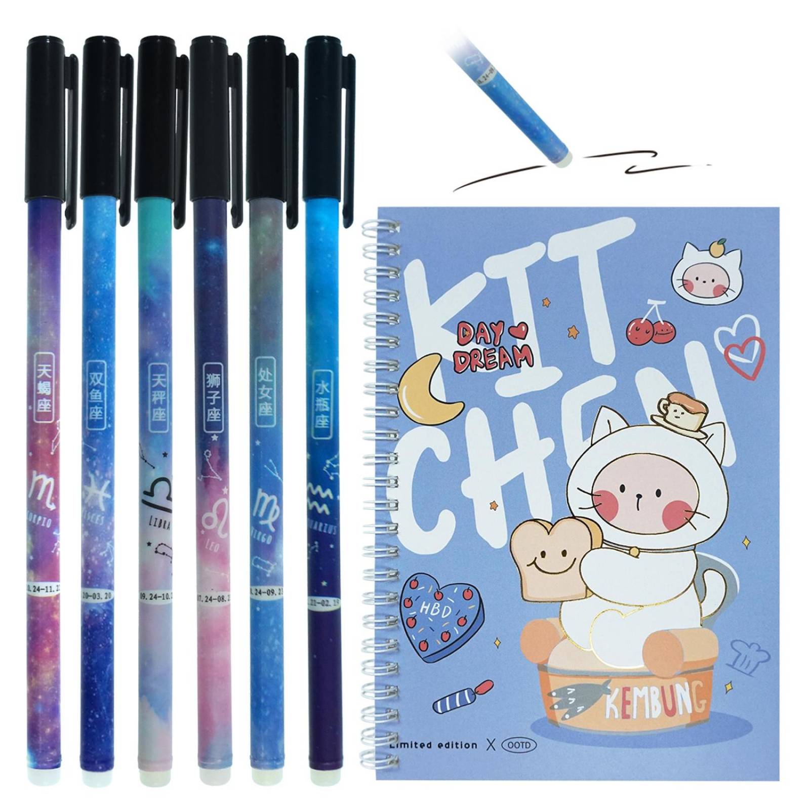 Boligrafos de Signos Zodiacales Y Libreta kawaii Azul cielo.