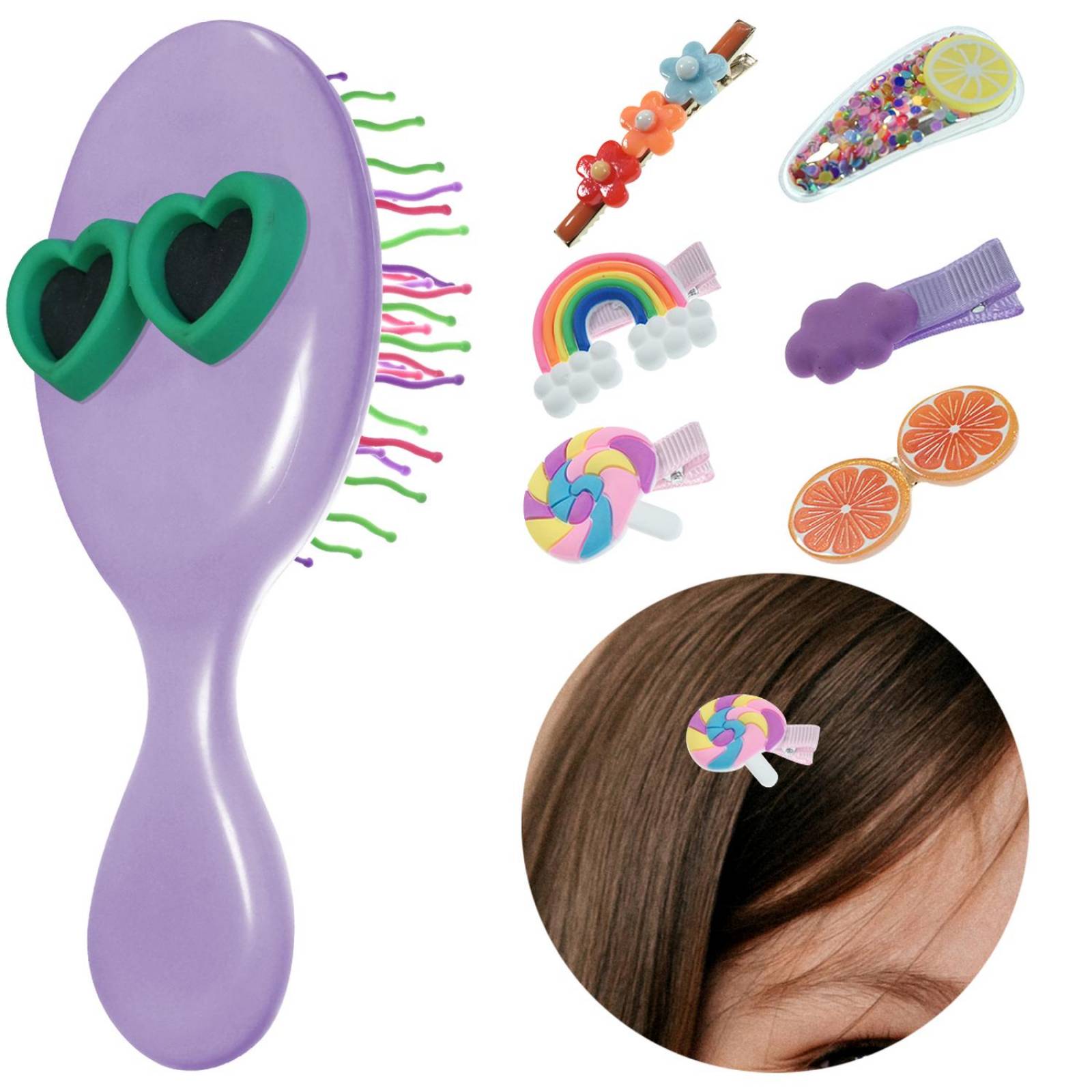 Broches Pinza Pasador para cabello y cepillo de Niña 7 pz Purpura.