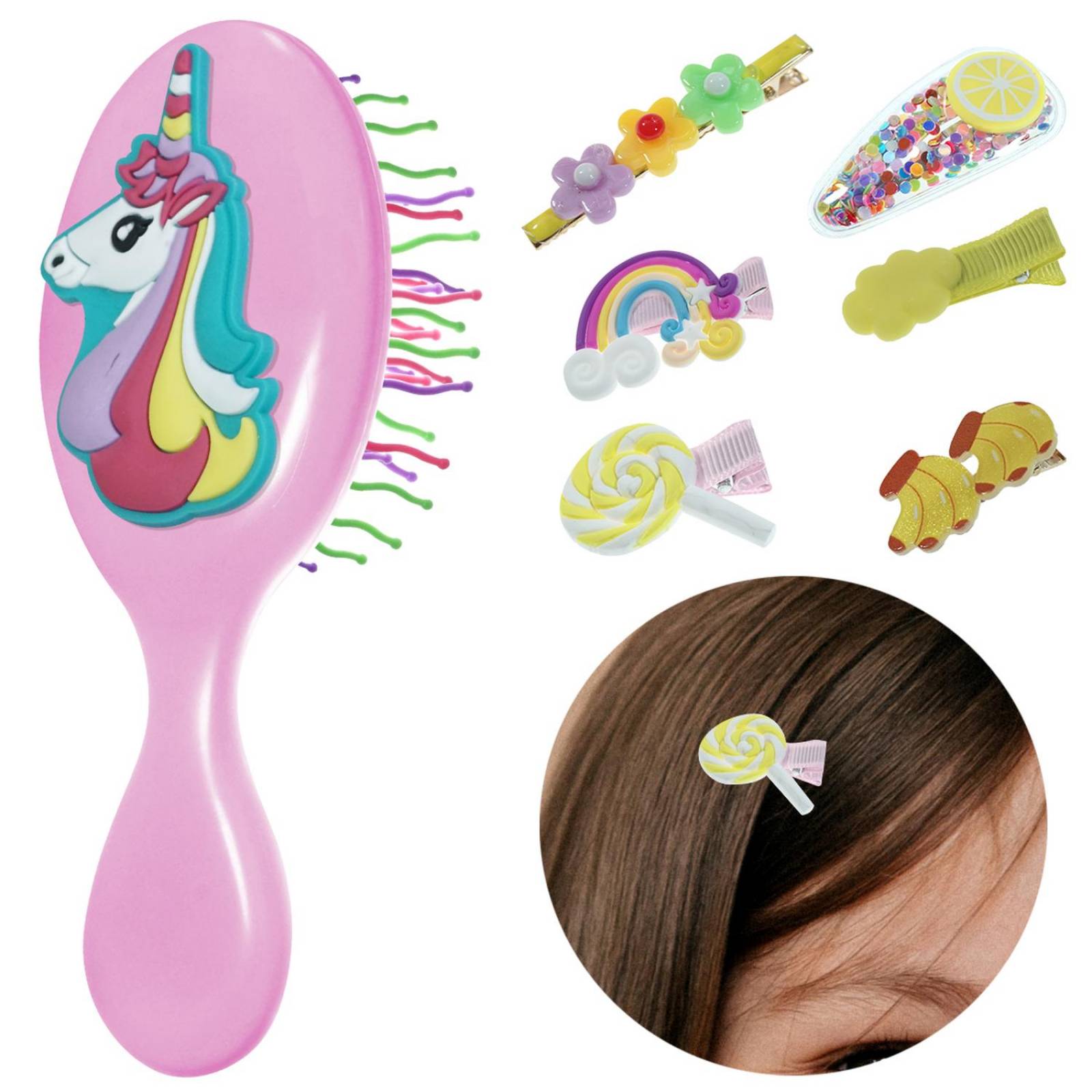 Broches Pinza Pasador para cabello y cepillo de Niña 7 pz Rosa claro.