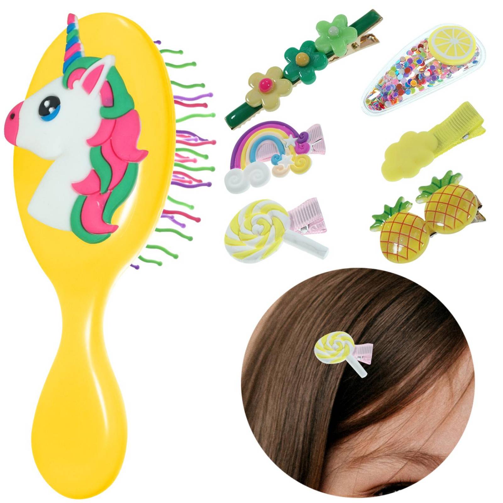 Broches Pinza Pasador para cabello y cepillo de Niña 7 pz Amarillo.
