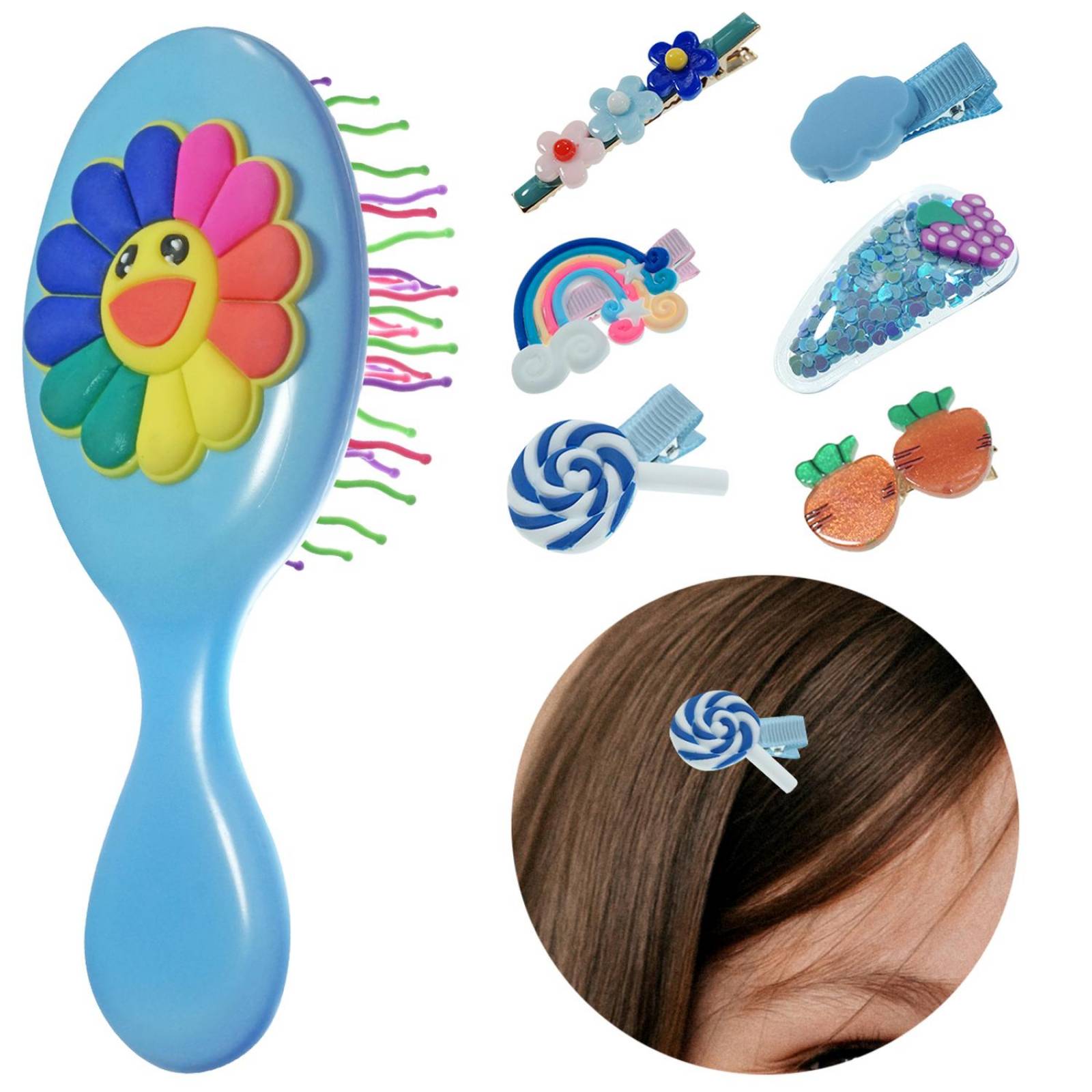 Broches Pinza Pasador para cabello y cepillo de Niña 7 pz Azul cielo.