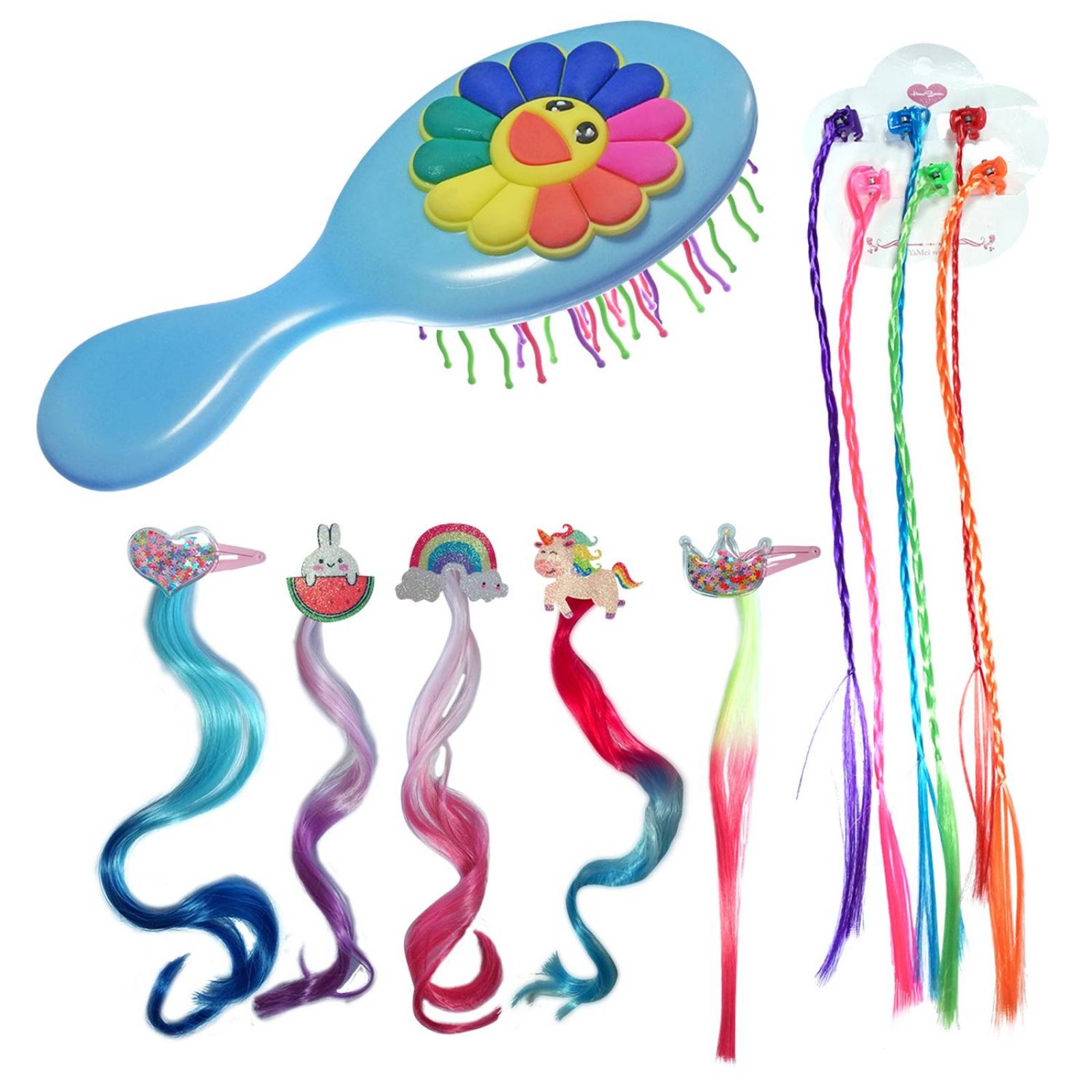 Extensiones De Cabello Mechas De Colores Para Niña y Cepillo 11pz Azul.