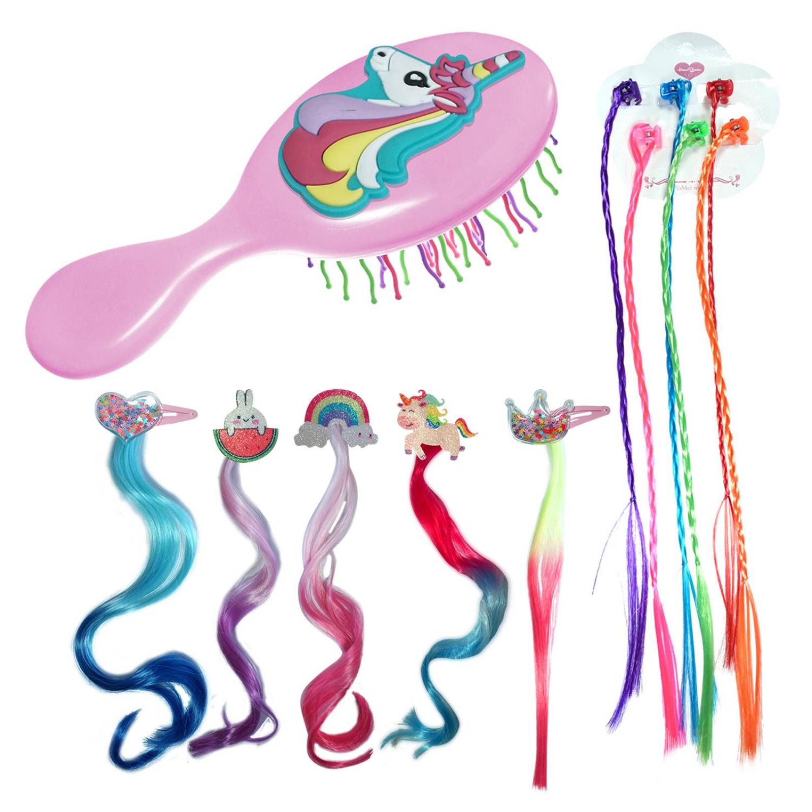 Extensiones De Cabello Mechas De Colores Para Niña y Cepillo 11pz Rosa.