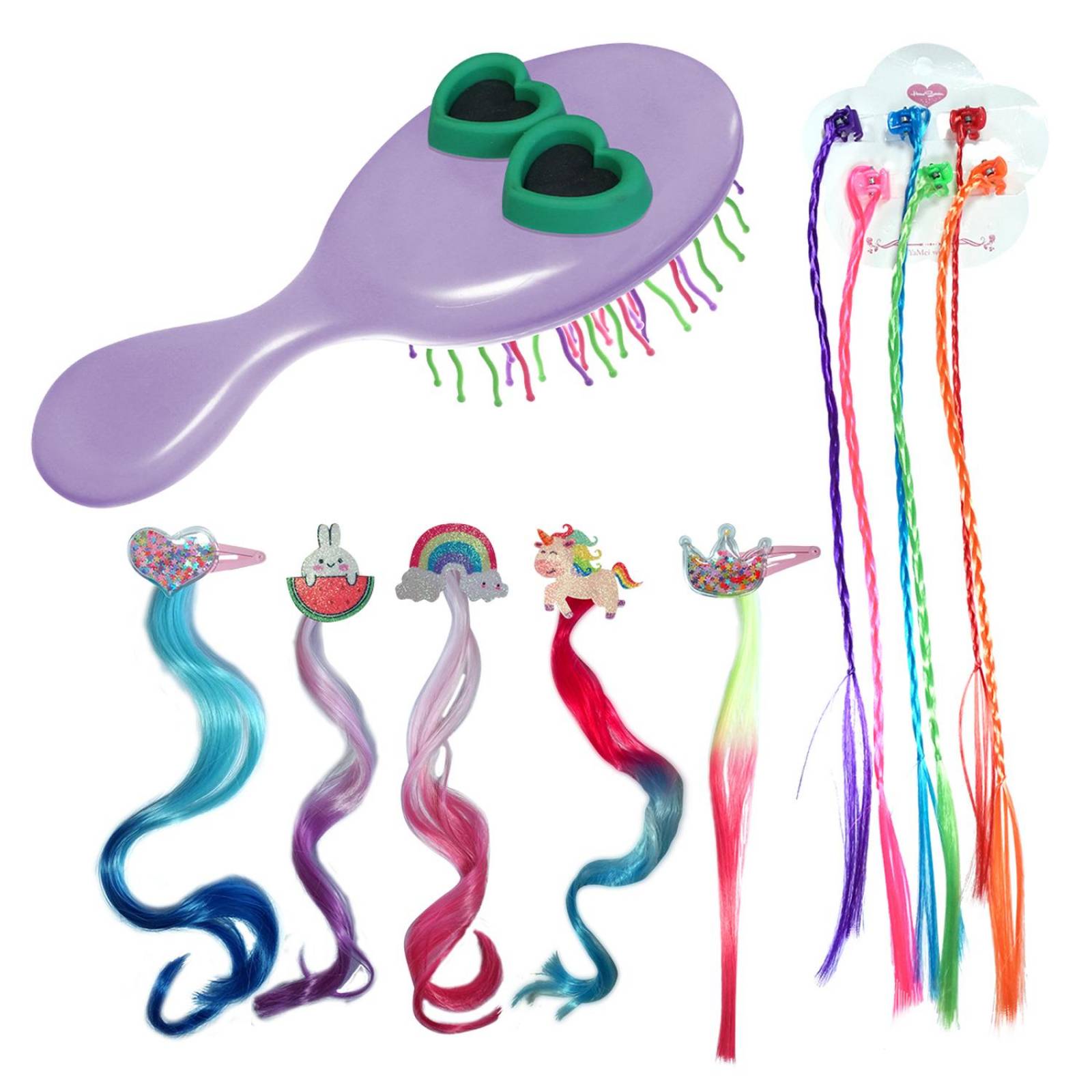 Extensiones De Cabello Mechas De Colores Para Niña y Cepillo 11pz Violeta.