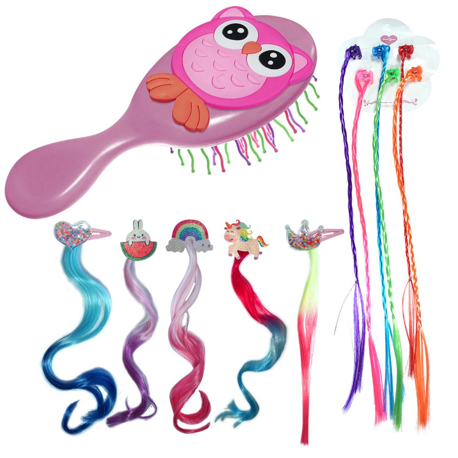 Extensiones De Cabello Mechas De Colores Para Niña y Cepillo 11pz Fucsia.