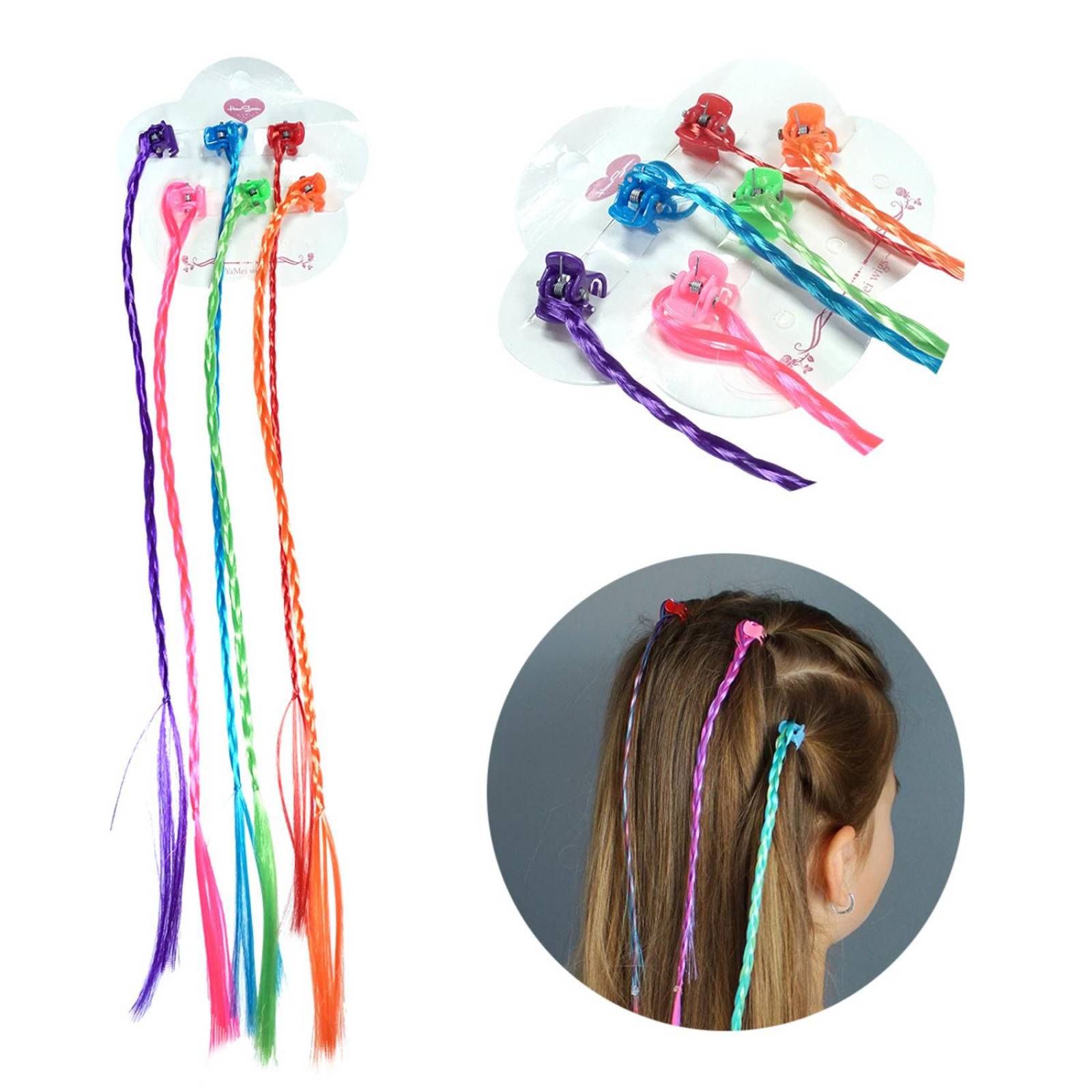 Extensiones De Cabello Mechas De Colores Para Niña y Cepillo 11pz Fucsia.