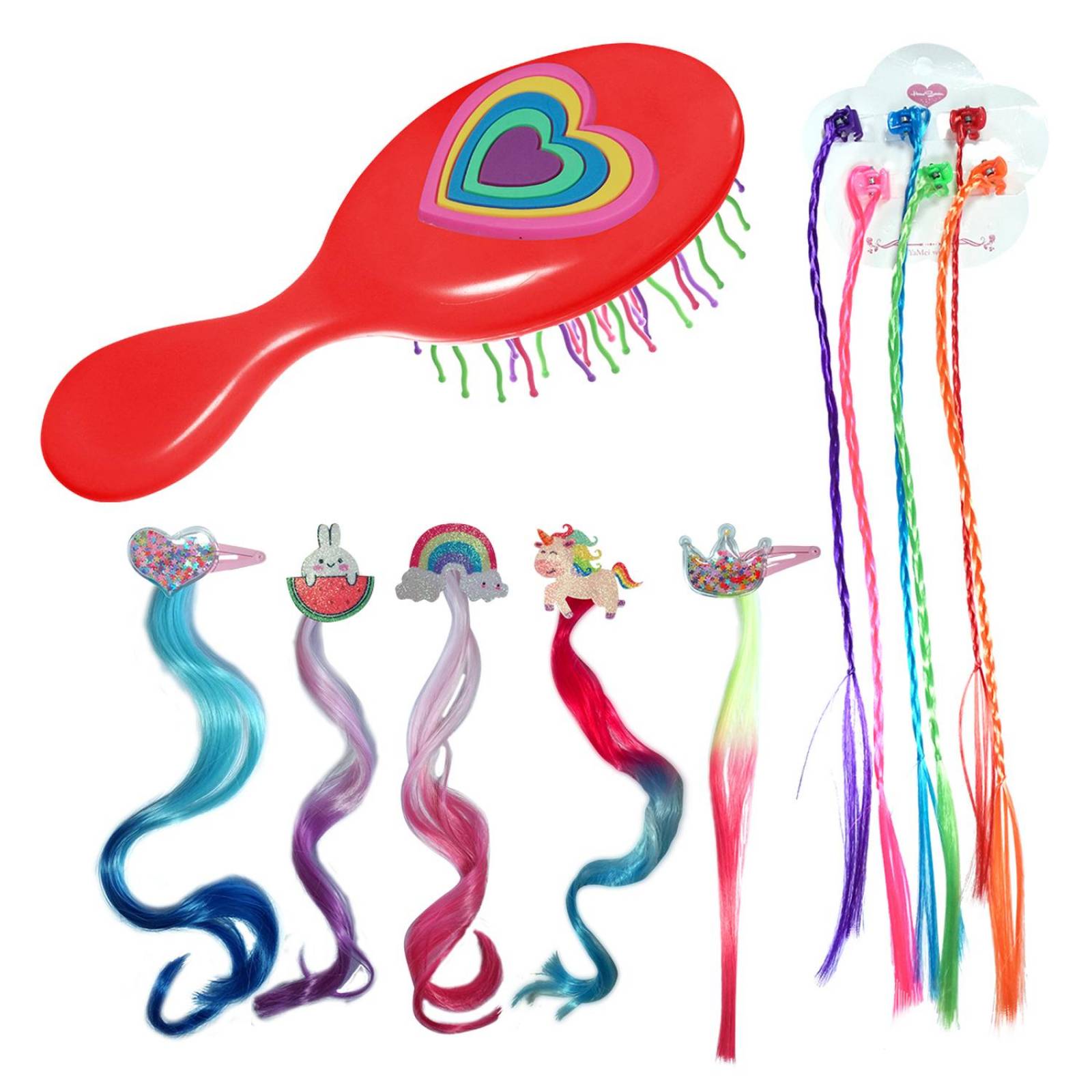 Extensiones De Cabello Mechas De Colores Para Niña y Cepillo 11pz Rojo.