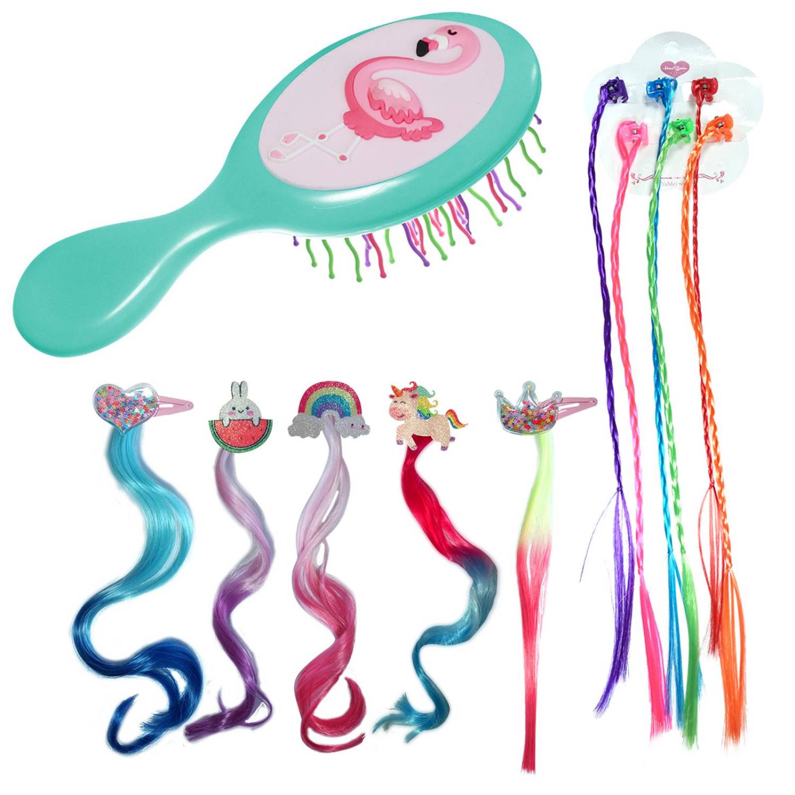 Extensiones De Cabello Mechas De Colores Para Niña y Cepillo 11pz Verde.