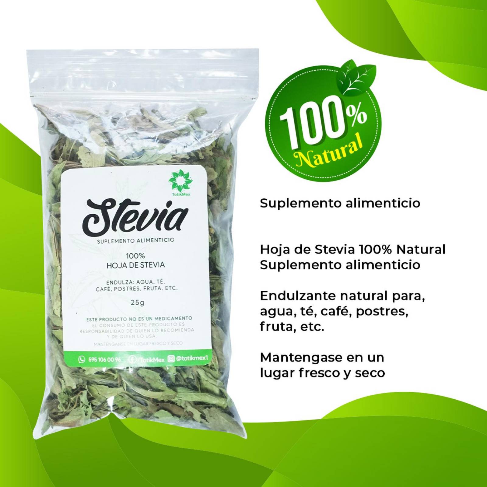 Hojas de Stevia endulzante 100% Natural 25g.