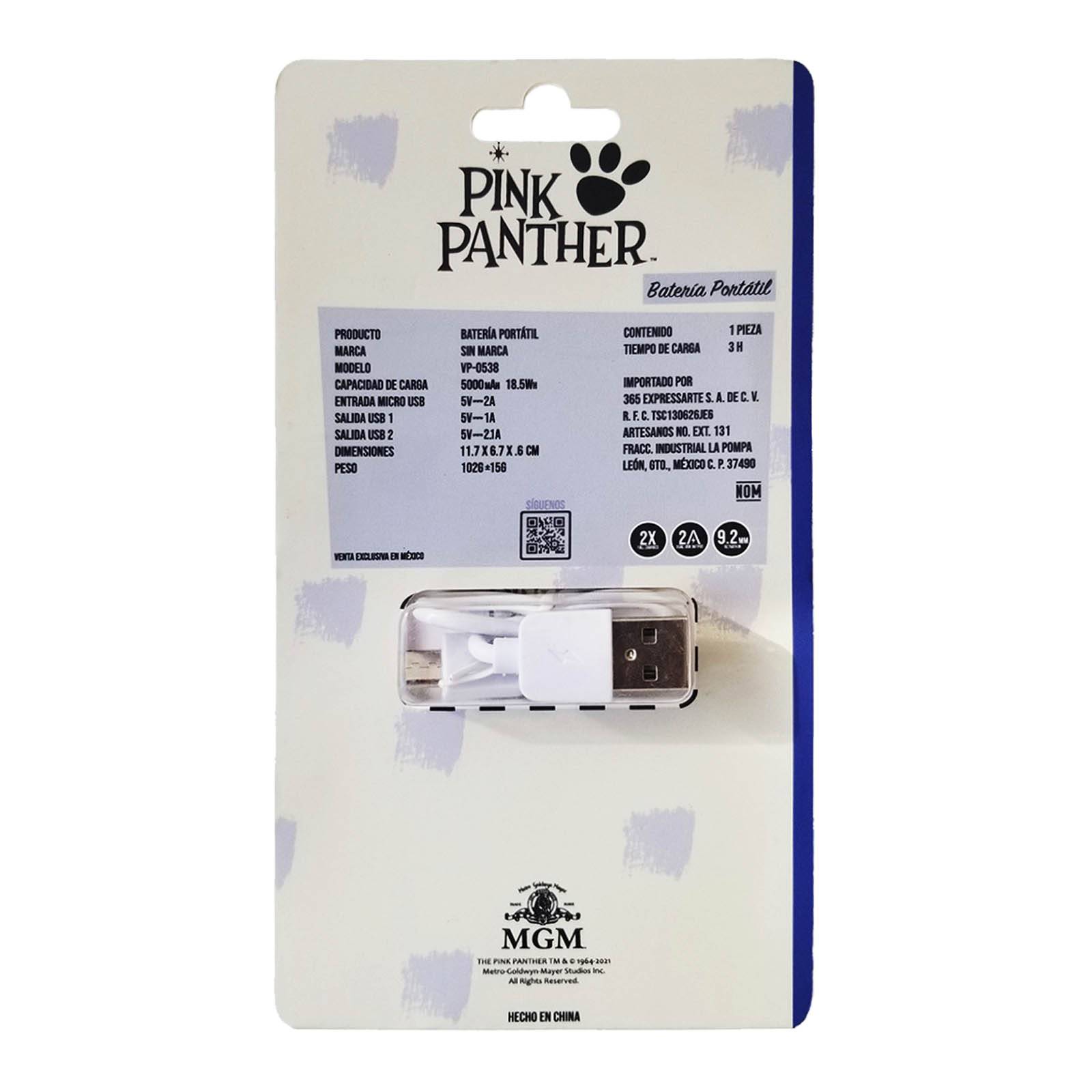 Power Bank 5000mAh Pantera Rosa Batería Externa Portátil 2 USB VG-PB-S-04-PK Ideal para Regalo