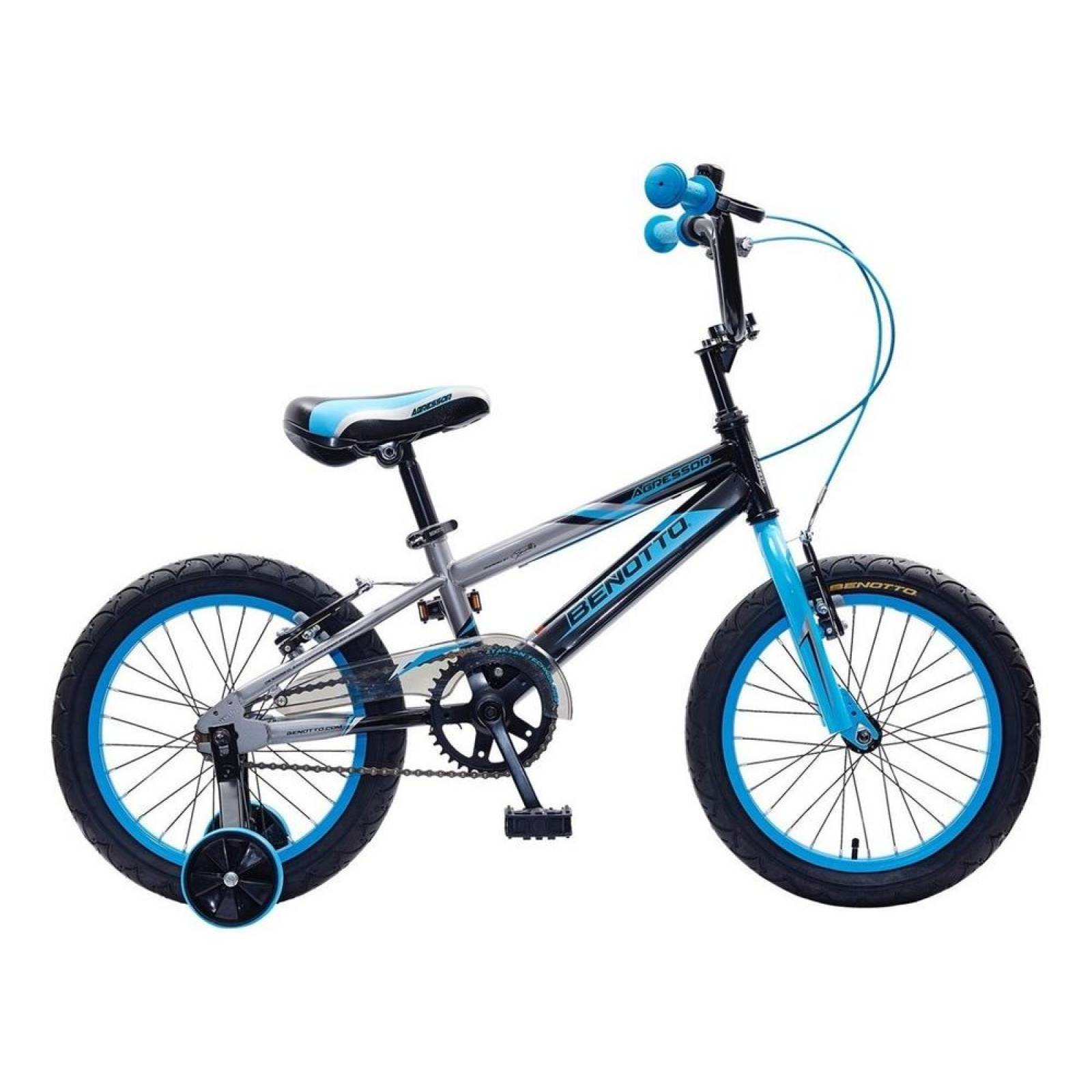 Bicicleta Benotto Cross Agressor R16 1v. Niño Ruedas Lateral Negro/Gris/Azul