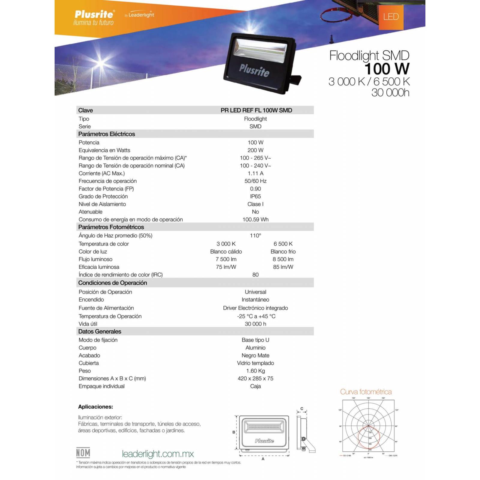 Reflector PLUSRITE LED 100W SMD delgado 6500K 