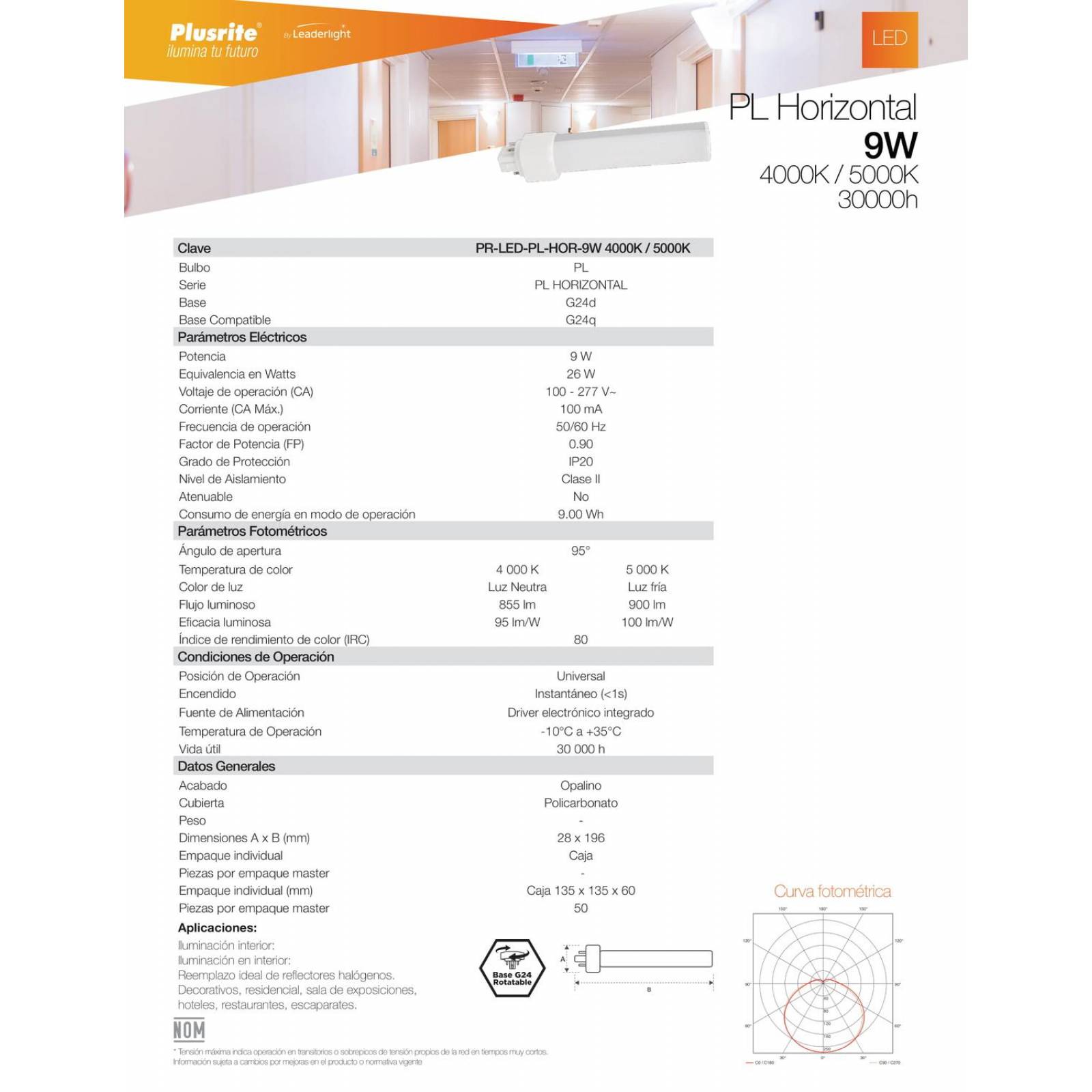 FOCO PLUSRITE PL LED 9W 5000K 2 PIN G24d HORIZONTAL Blanco