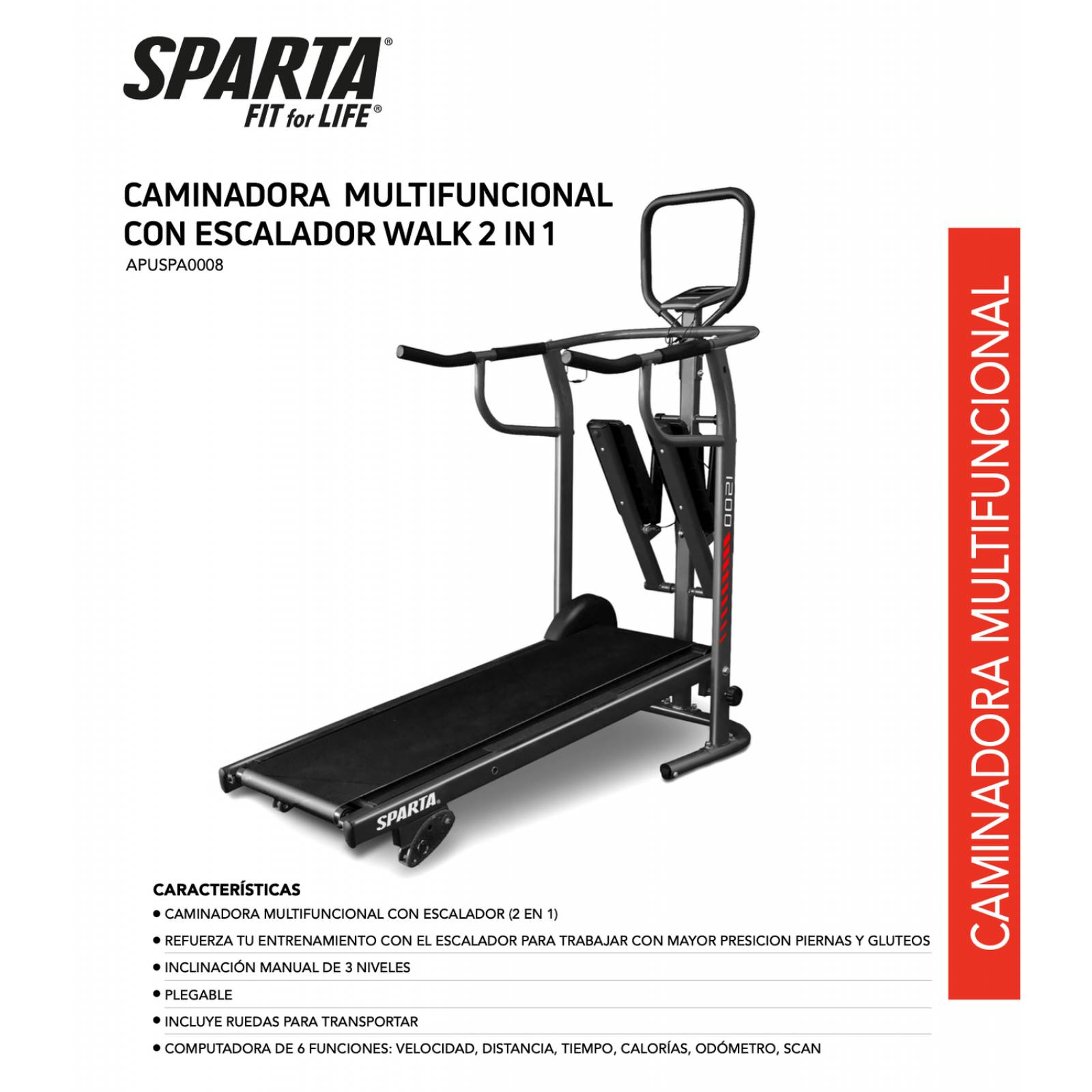 Caminadora Manual Multifuncional con Escalador SPARTA FITNESS Negro Unico