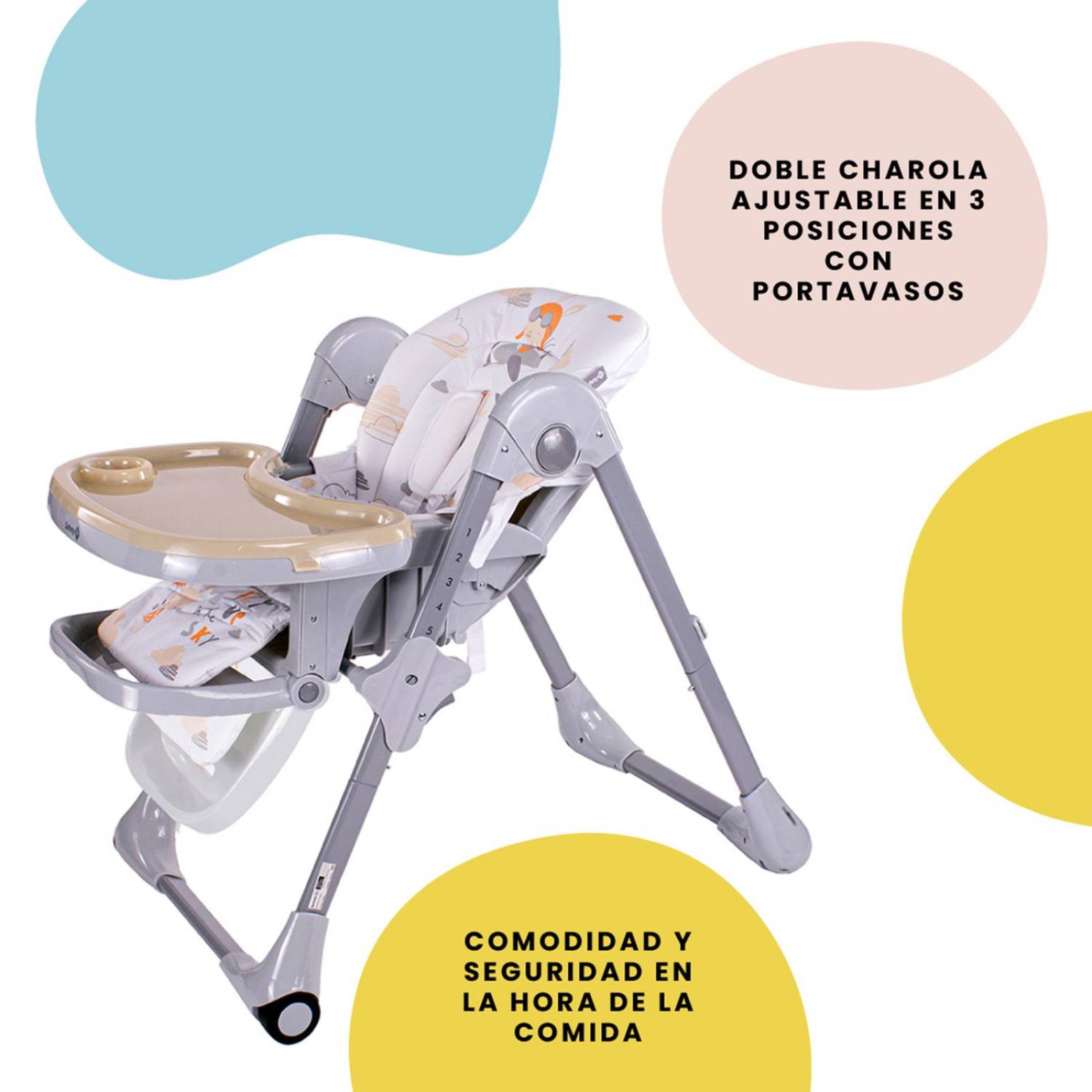 SILLA PARA BEBE CON CHAROLA ABATIBLE Y PROTECCIÓN ANTIMICROBIAL