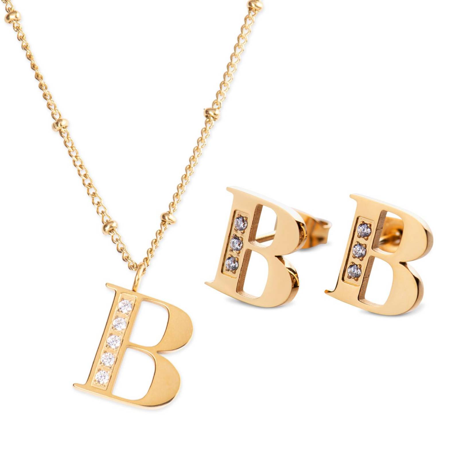 Luckyly Juego Joyería Mujer, Collar y Aretes Inicial Letras, Acero Inoxidable con Baño de Oro Oro B UNITALLA Letra B