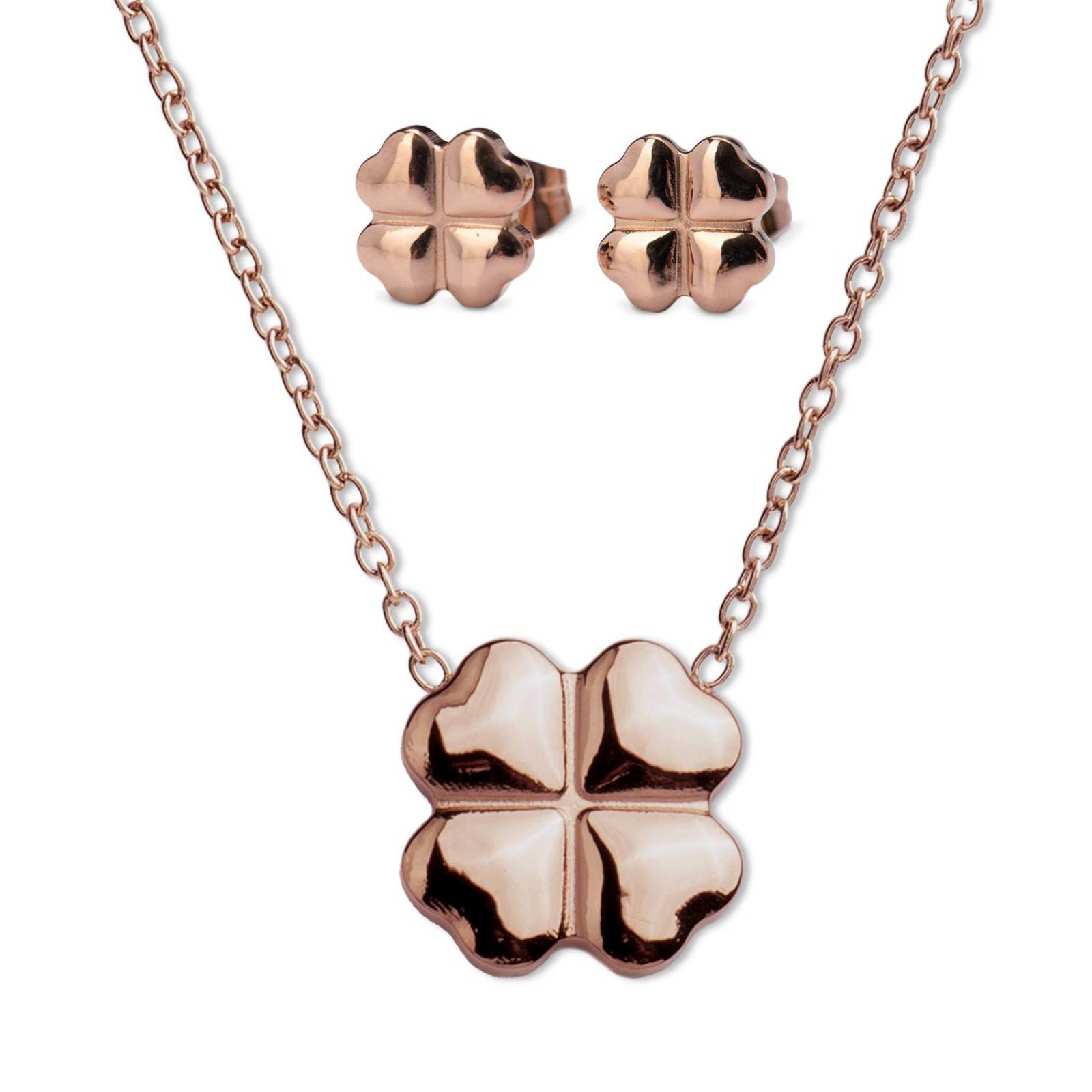 LuckyLy Set de Joyería para Mujer Acero Inoxidable con Baño de Oro Rosa 18k, Collar y Aretes Mujer Trébol, UNITALLA