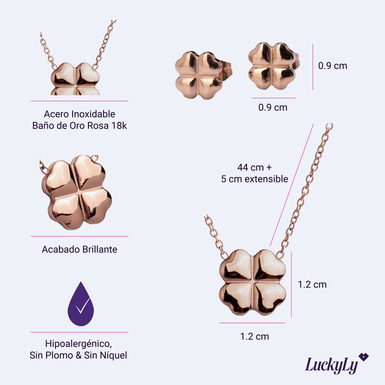 LuckyLy Set de Joyería para Mujer Acero Inoxidable con Baño de Oro Rosa 18k, Collar y Aretes Mujer Trébol, UNITALLA