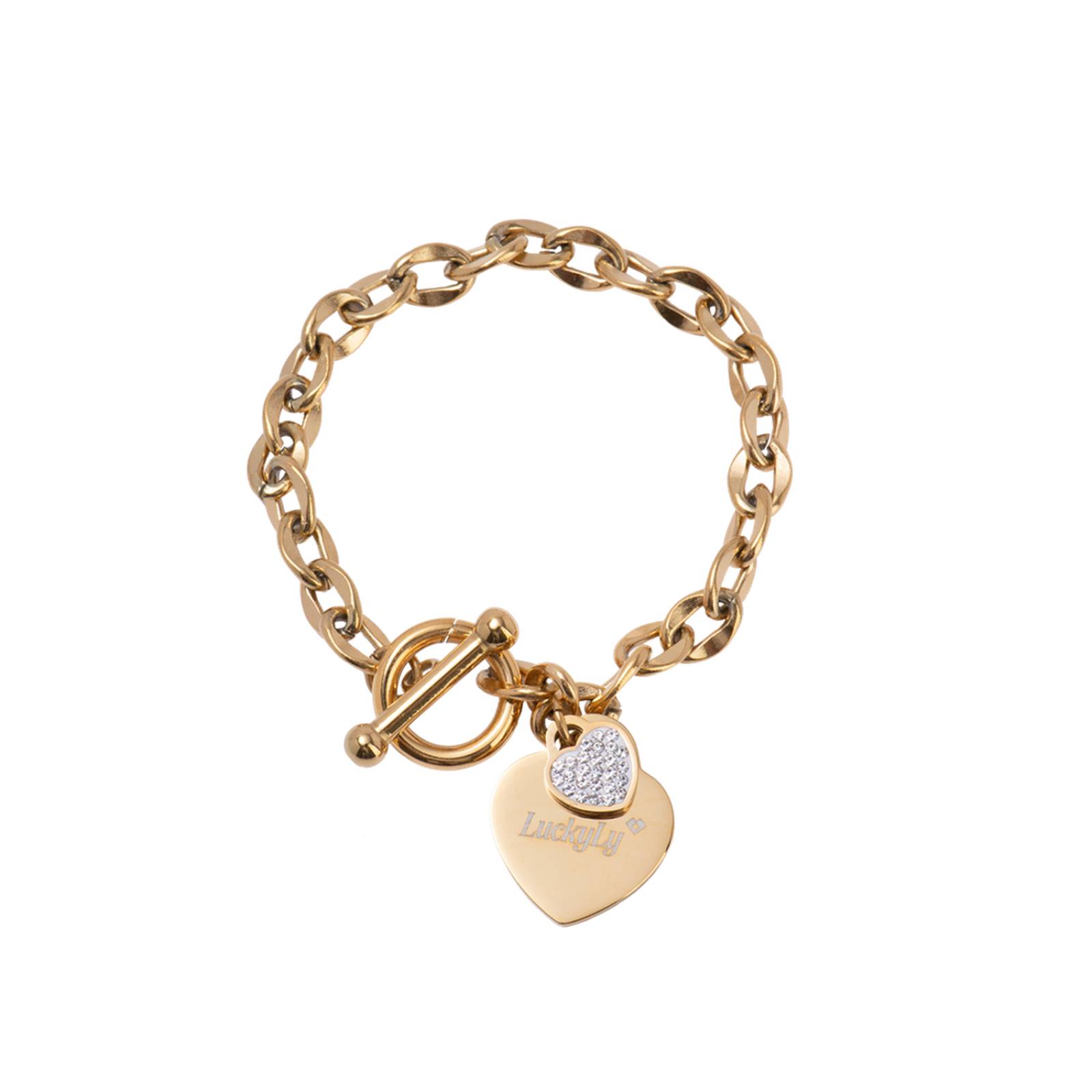 LuckyLy Pulseras Mujer con Dijes de Corazón y Zirconia Cúbica, Brazalete de Acero Inoxidable Color Plata, Oro UNITALLA