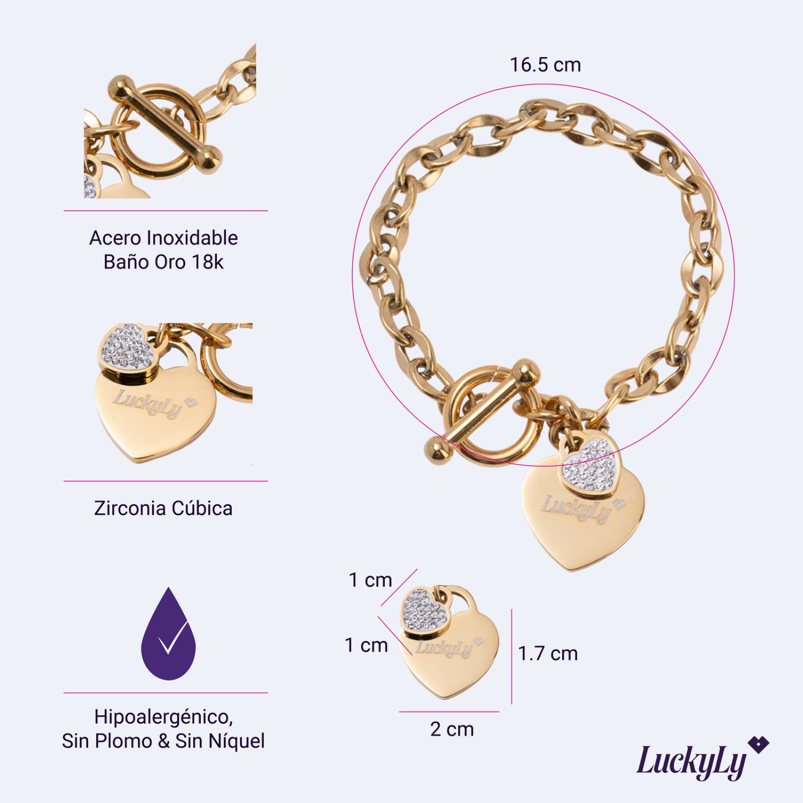 LuckyLy Pulseras Mujer con Dijes de Corazón y Zirconia Cúbica, Brazalete de Acero Inoxidable Color Plata, Oro UNITALLA