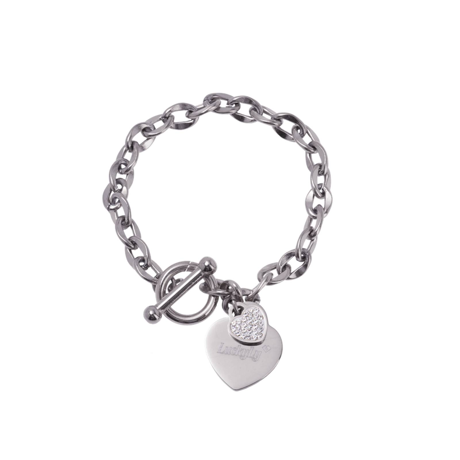 LuckyLy Pulseras Mujer con Dijes de Corazón y Zirconia Cúbica, Brazalete de Acero Inoxidable Color Plata, UNITALLA