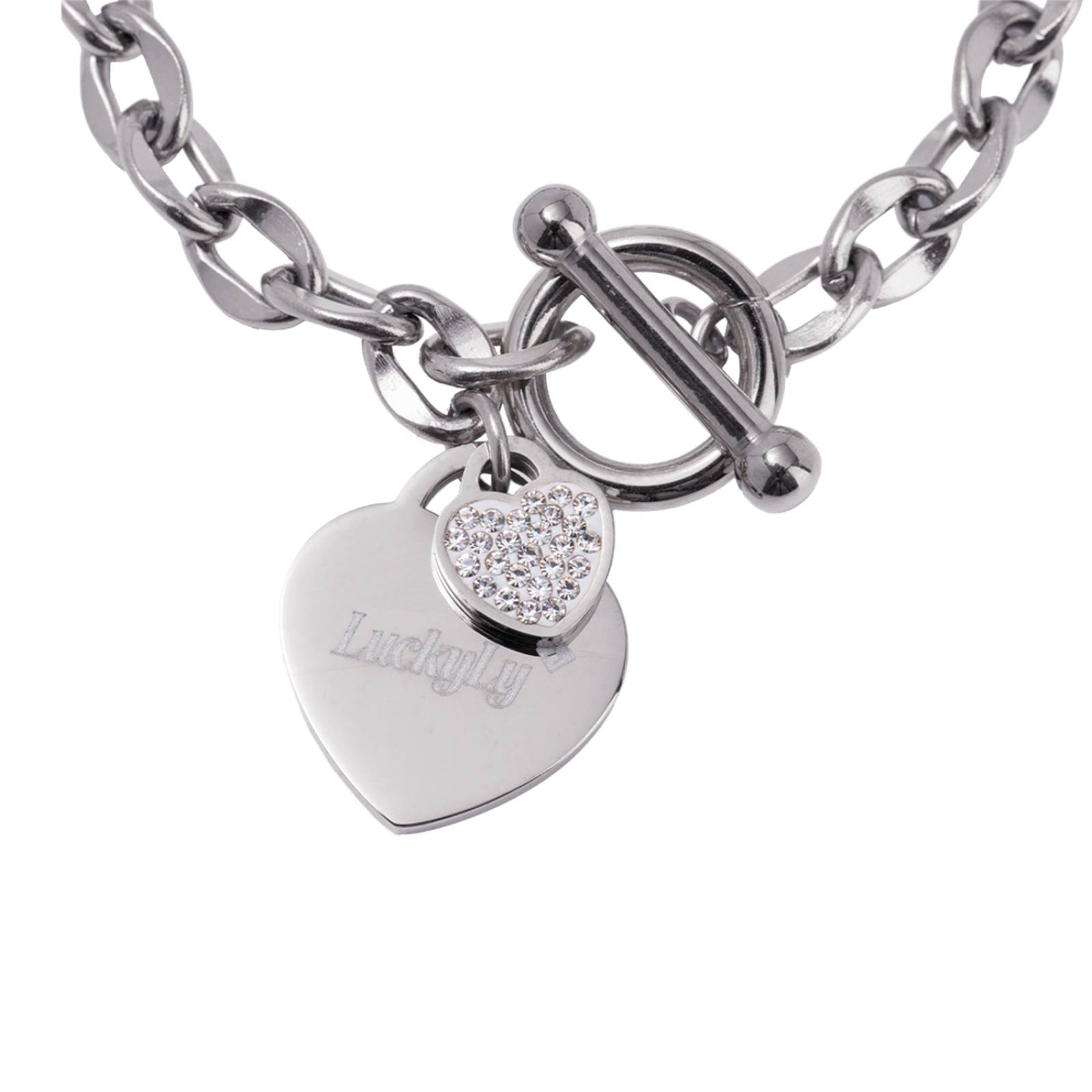 LuckyLy Pulseras Mujer con Dijes de Corazón y Zirconia Cúbica, Brazalete de Acero Inoxidable Color Plata, UNITALLA