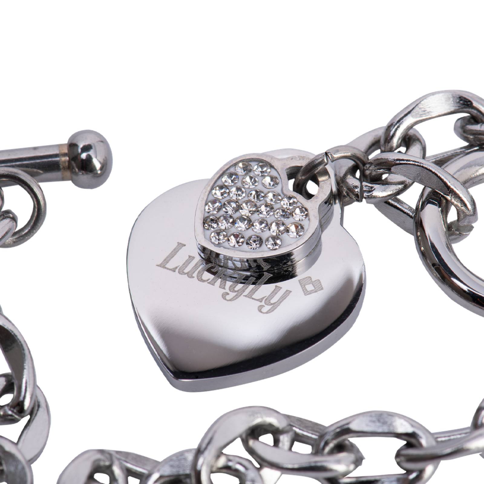 LuckyLy Pulseras Mujer con Dijes de Corazón y Zirconia Cúbica, Brazalete de Acero Inoxidable Color Plata, UNITALLA
