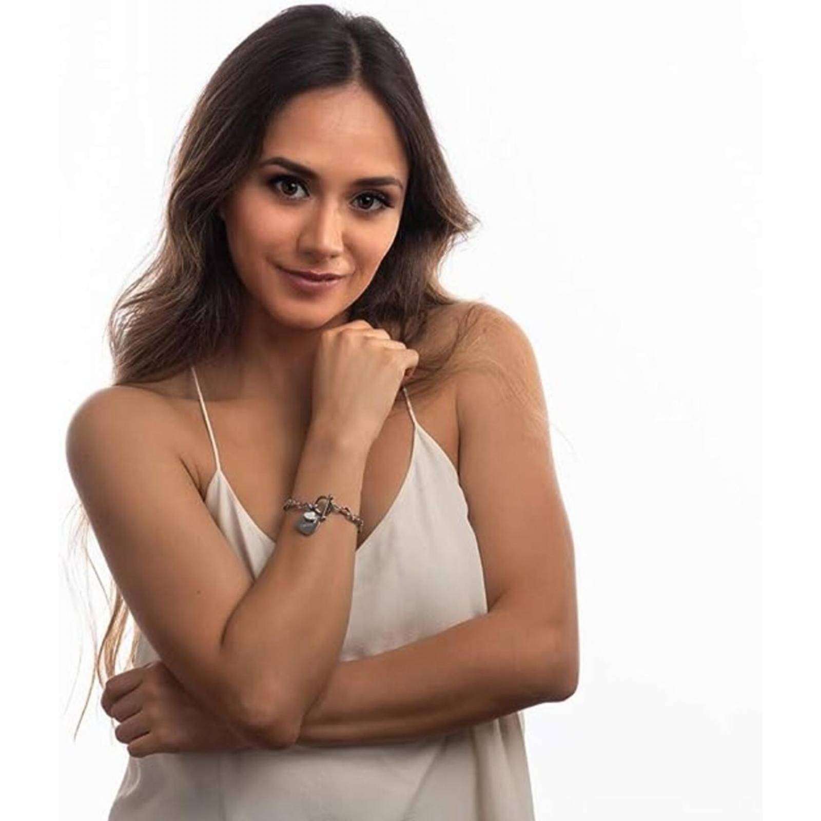 LuckyLy Pulseras Mujer con Dijes de Corazón y Zirconia Cúbica, Brazalete de Acero Inoxidable Color Plata, UNITALLA