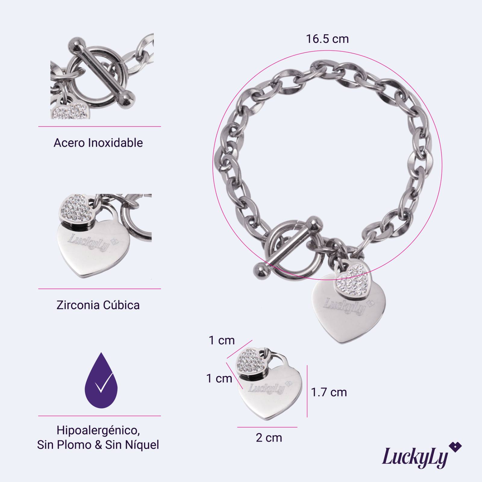 LuckyLy Pulseras Mujer con Dijes de Corazón y Zirconia Cúbica, Brazalete de Acero Inoxidable Color Plata, UNITALLA