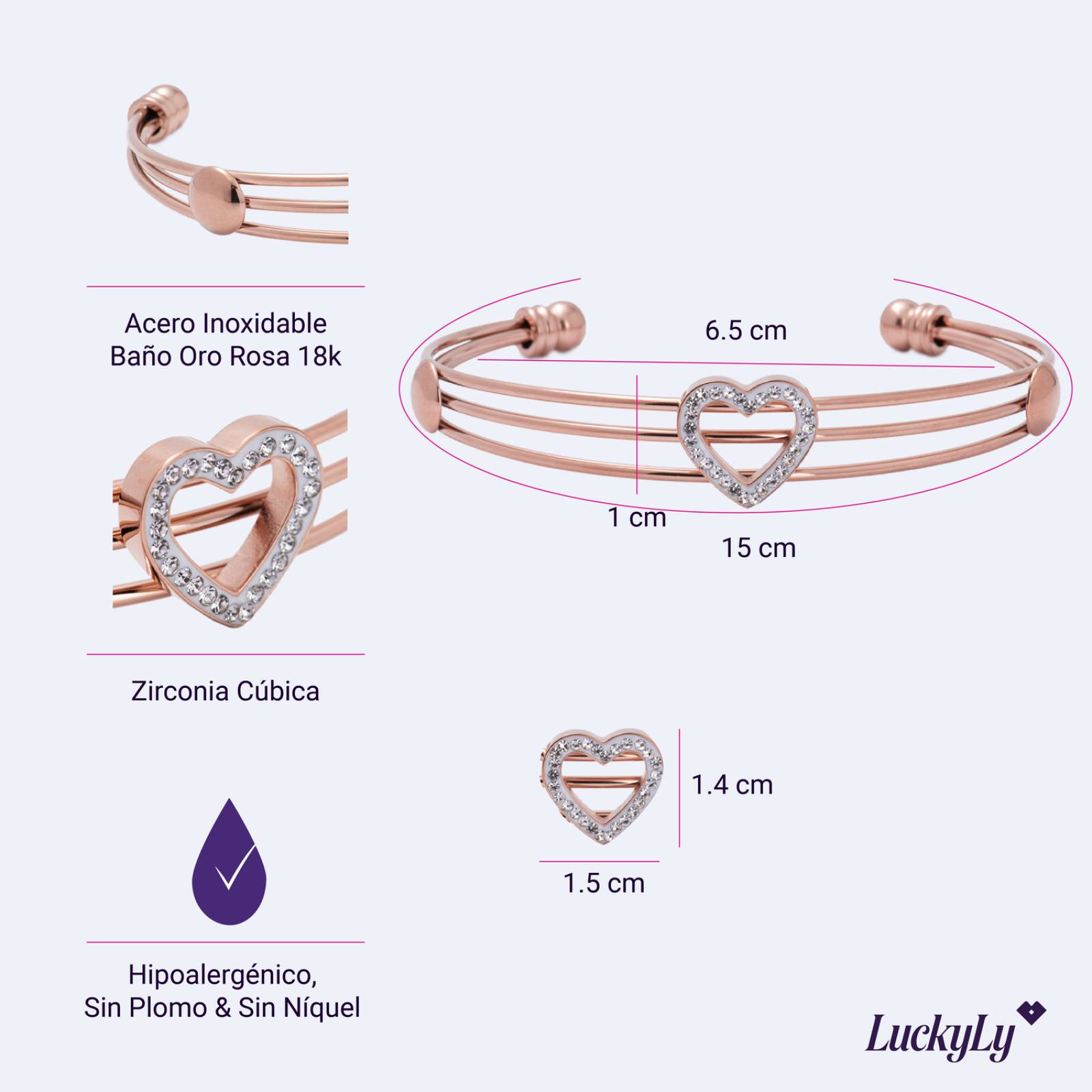 LuckyLy Pulseras Mujer con Dije de Corazón con Zirconia Cúbica, Brazalete de Acero Inoxidable Color Oro Rosa UNITALLA