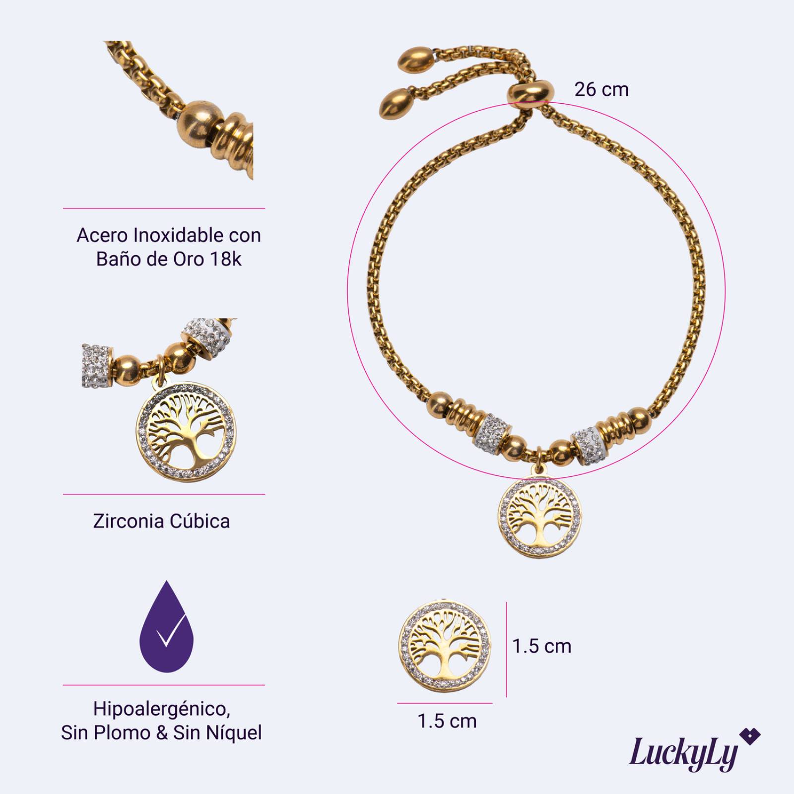 LuckyLy Pulsera para Mujer con Dije de Árbol de la Vida, Acero Inoxidable con Baño de Oro Rosa 18k, Modelo Pía UNITALLA