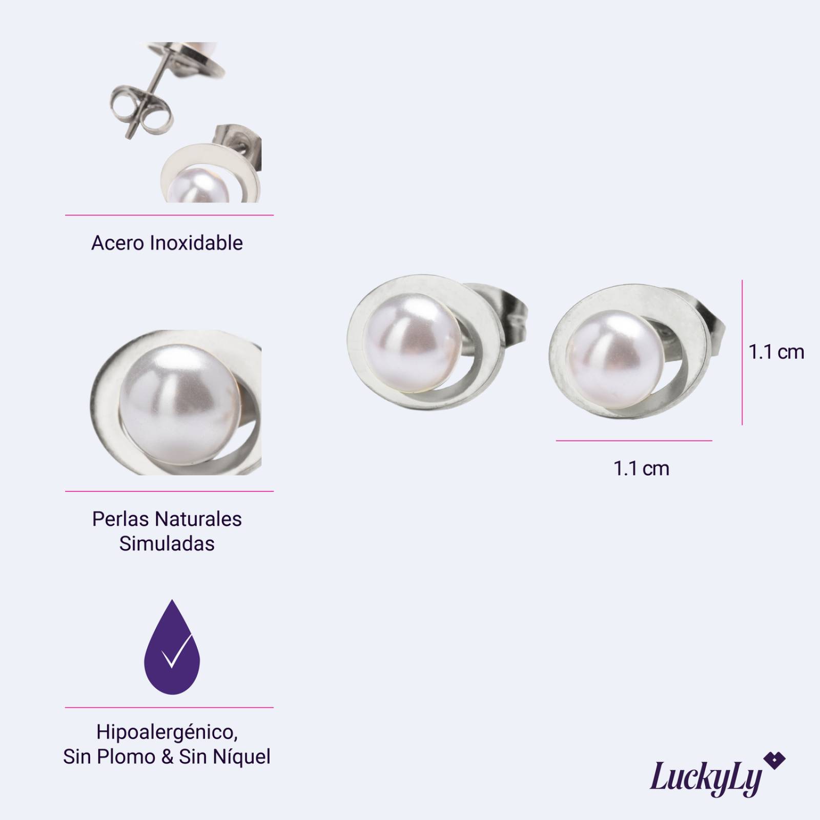 LuckyLy Aretes de Perlas para Mujer tipo Broqueles, Acero Inoxidable con Baño de Oro 18k, Modelo Inés Plata UNITALLA