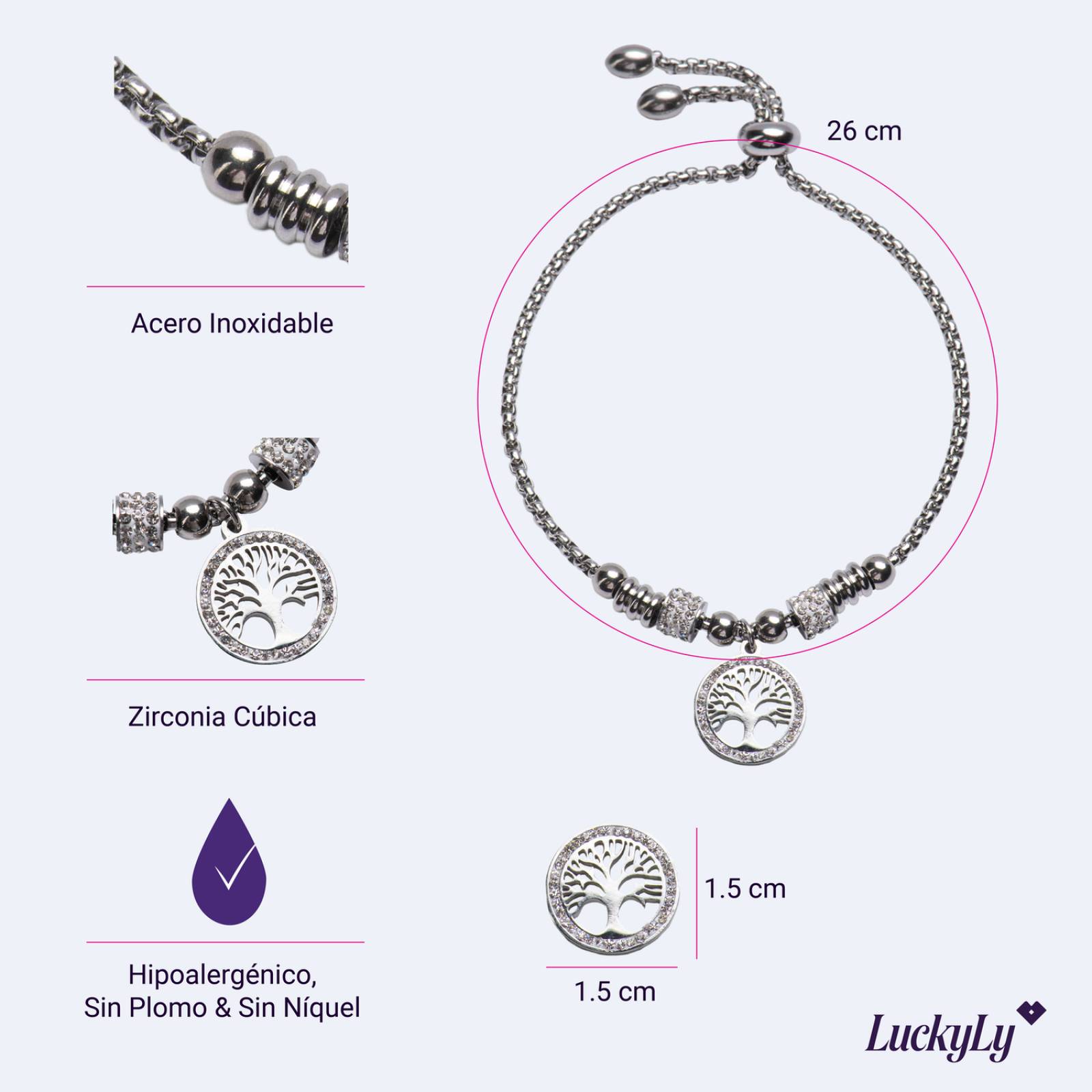 LuckyLy Pulsera para Mujer con Dije de Árbol de la Vida, Acero Inoxidable con Baño de Oro Rosa 18k, Plata UNITALLA