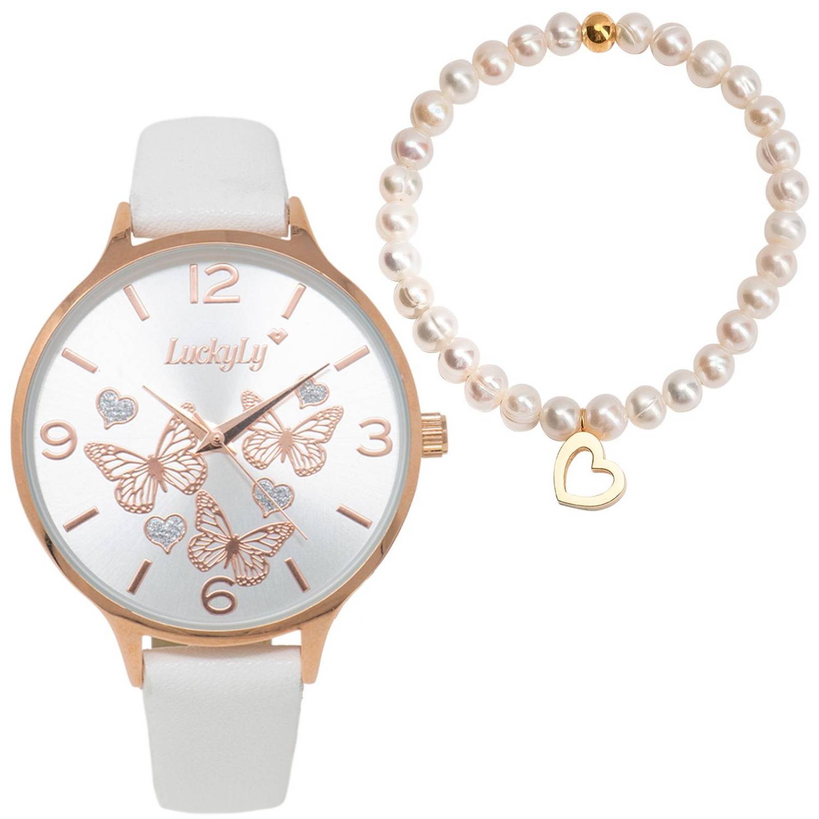 Set de regalo para mujer LuckyLy, reloj Mariposas Ruthy y pulsera perlas y  corazón
