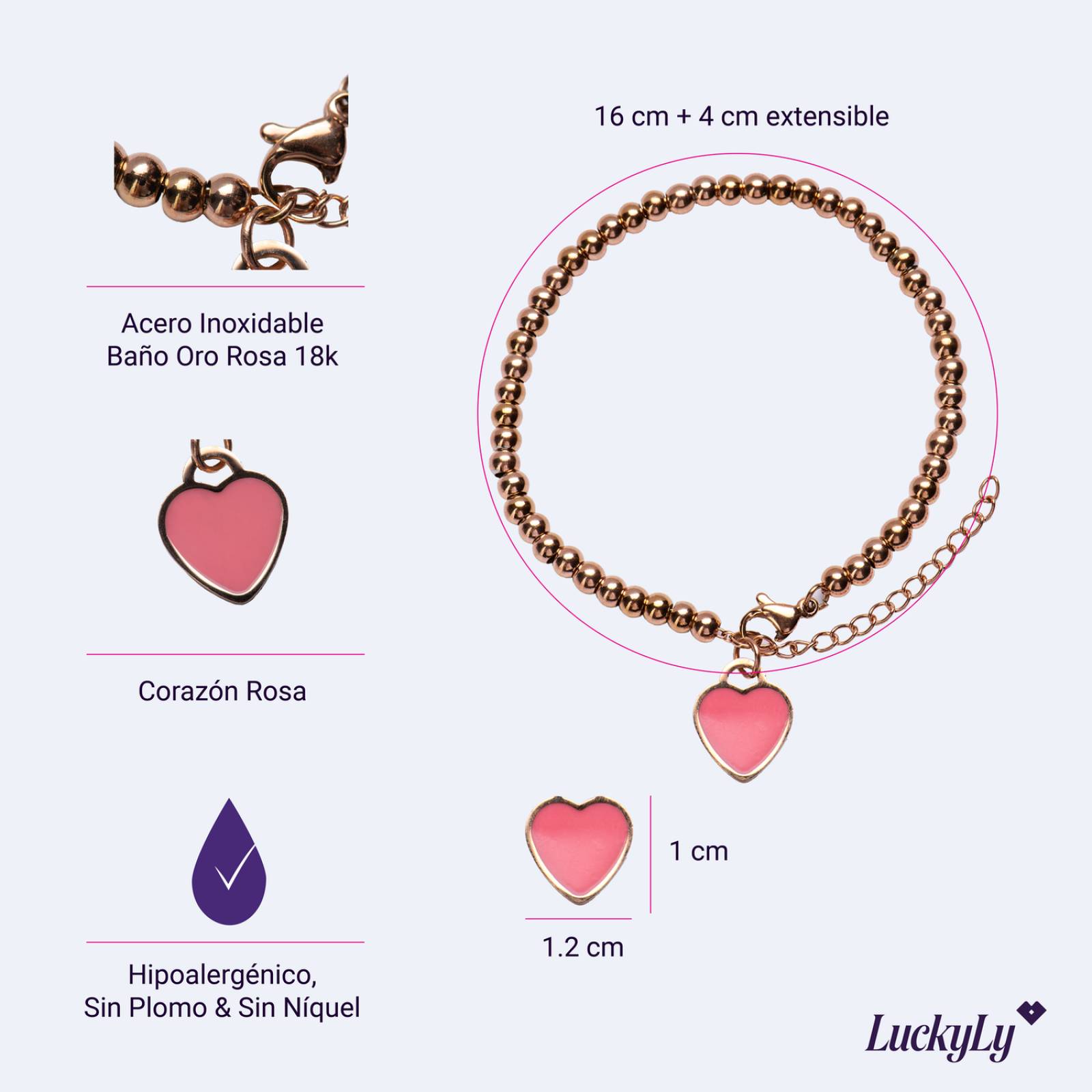 LuckyLy Pulsera para Mujer con Dije de Corazón Rosa, Brazalete de Acero Inoxidable con Baño de Oro Rosa 18k, UNITALLA